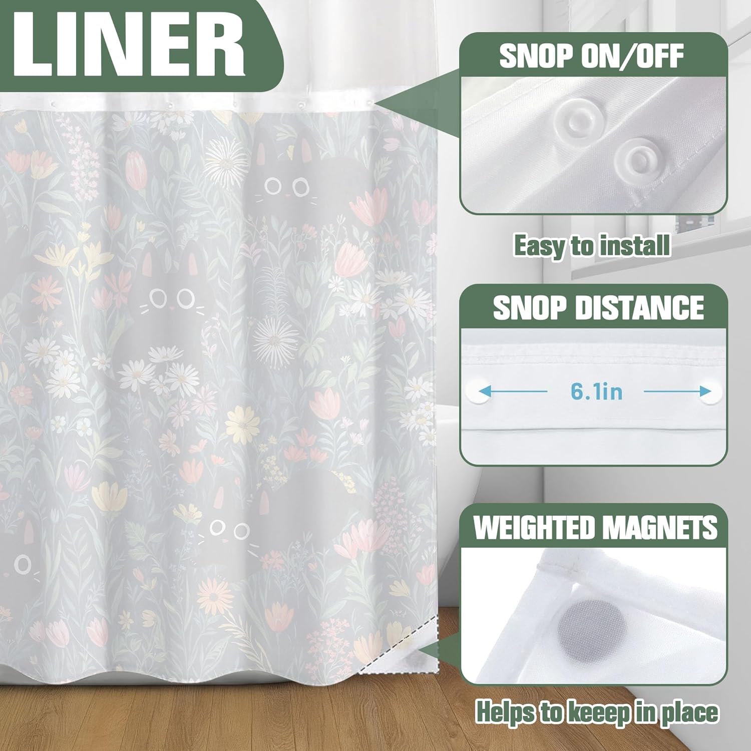 Fowocu No Hook Shower Curtain with Snap in Liner Funny Black Cats Boho Floral Daisy Flower Shower Curtains for Bathroom Fun Kitten Animal Wildflower Waterproof Fabric Bath Curtain Decor 71×74In