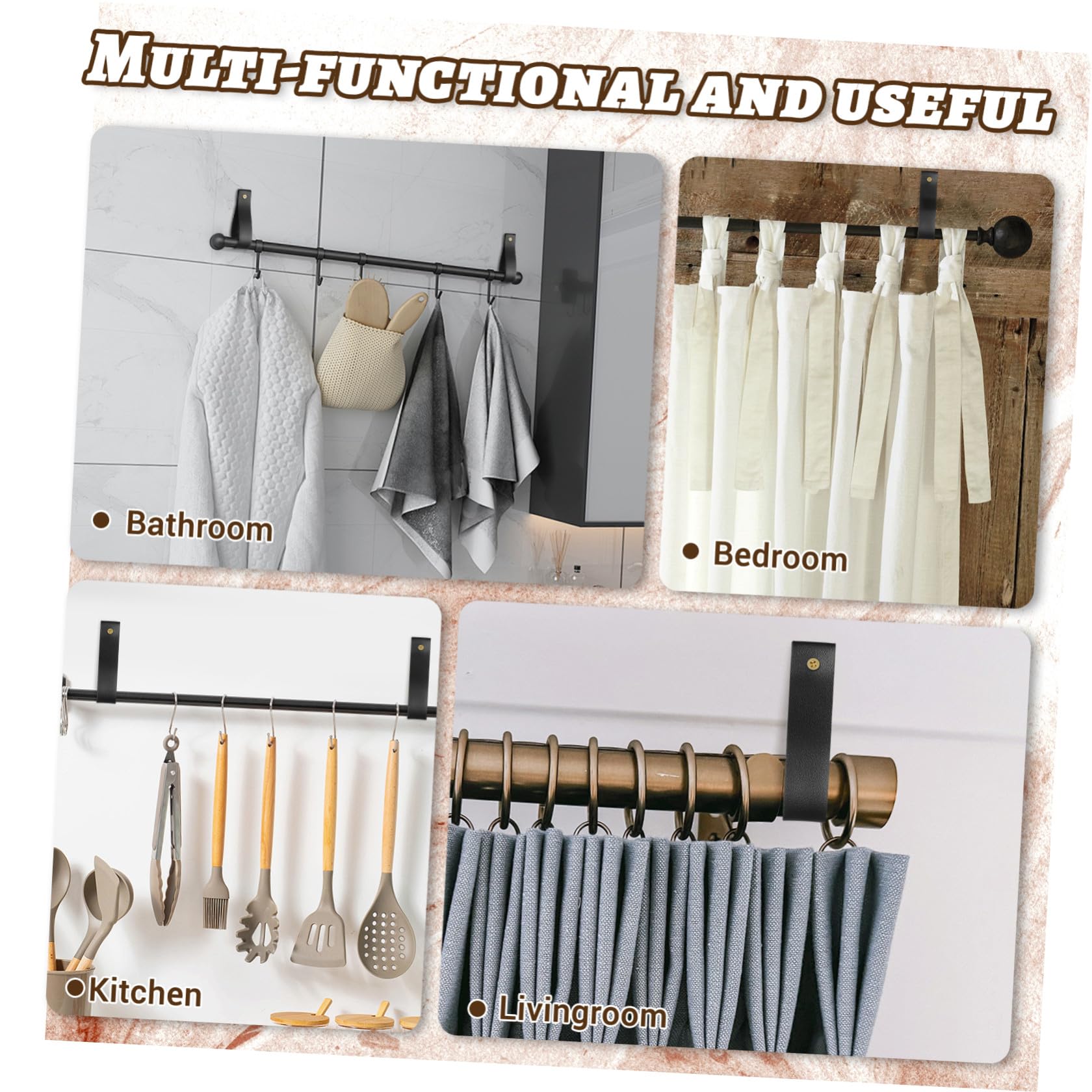 Crochet Mural en PU pour Tringle à Rideaux, 4 pièces, Support Mural bohème, Installation Facile, pour Salle de Bain et Cuisine, Noir, 4.72 x 0.98 x 0.79 po