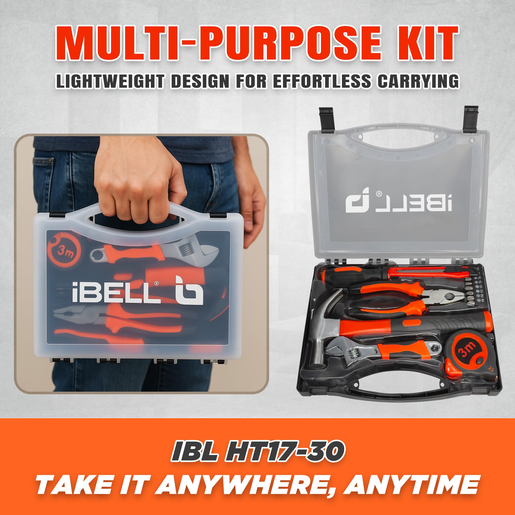 IBELL HT17-30 Hand Tool Kit (14 Pieces) | DIY & Household Repair Set with Screwdriver, Claw Hammer, Plier, Wrench, Knife, Measuring Tape & Bits | Durable Steel Tools in Hard Carry Case 3
