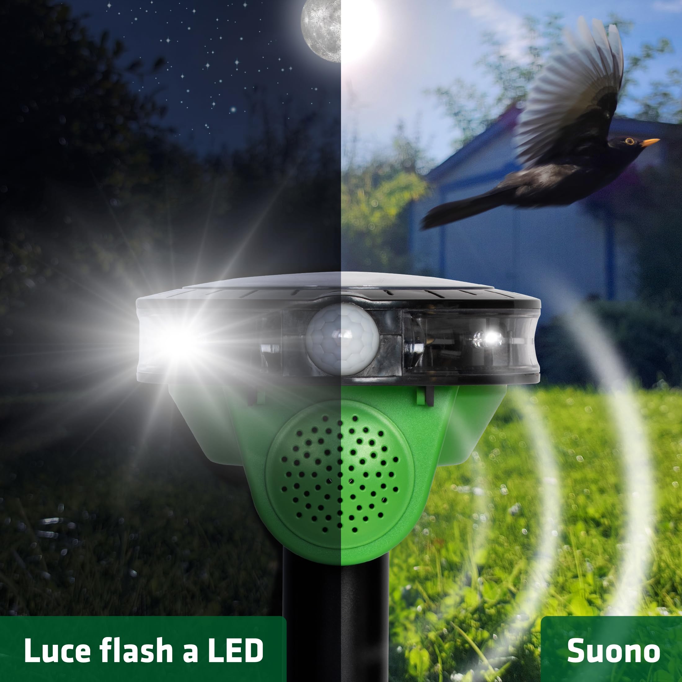 Gardigo® Repellente per Uccelli: Spaventapasseri a Energia Solare | Repellente per Piccioni, fino 60m² | Rilevatore Movimento | 3 Suoni, Luce LED | Resistente alle Intemperie | Scaccia Uccelli, Corvi