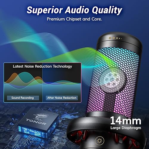 Miniatura 2 de TONOR Juego de micrófono de condensador vocal con brazo de brazo, equipo de grabación para PC con soporte, brillo controlable, silencio rápido