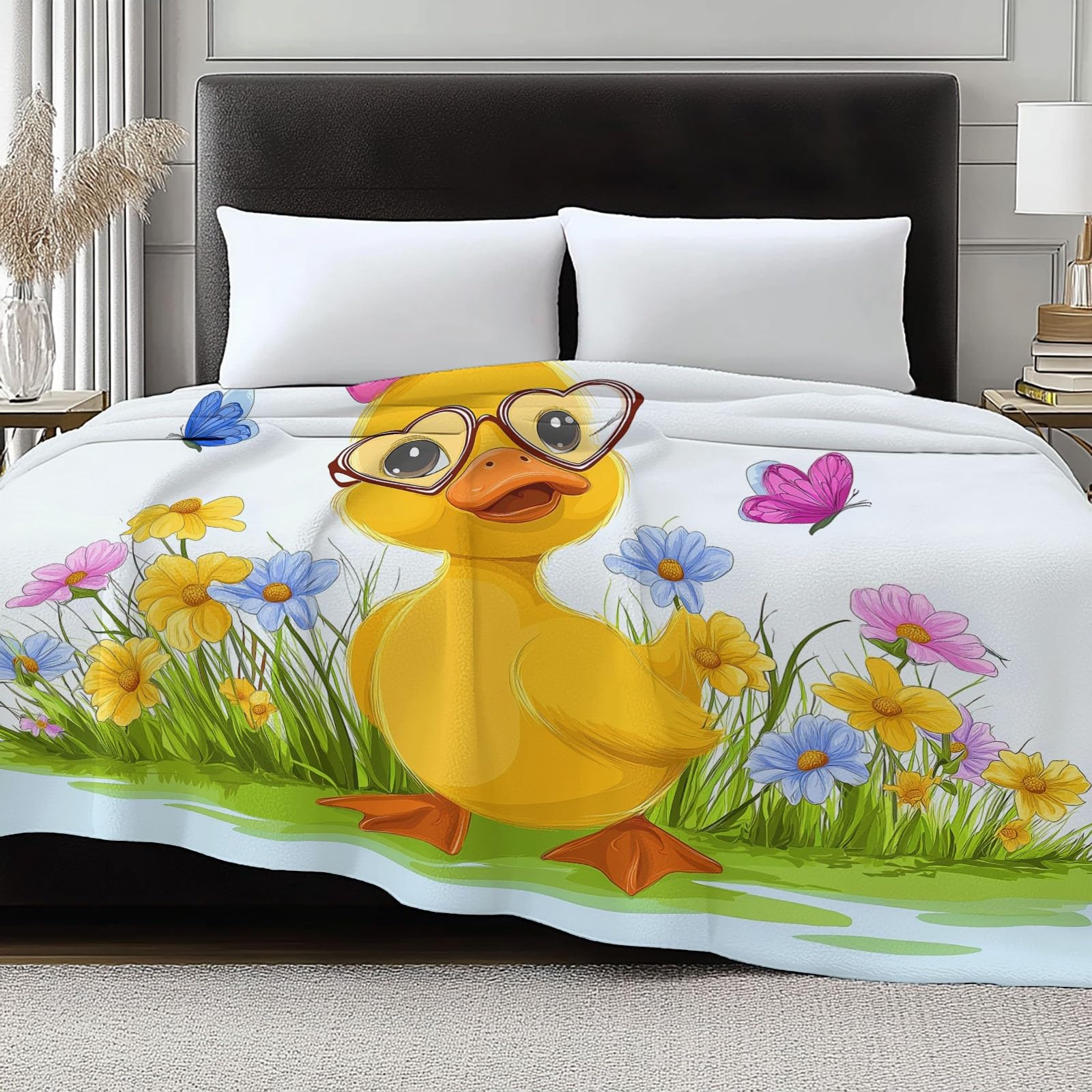 Koc polarowy flanelowy z motywem kaczki z kreskówkowego polaru, narzuta na sofę Wygodny dwuosobowy koc na łóżko w kratę zima, 220 x 240 cm Jasny kolor