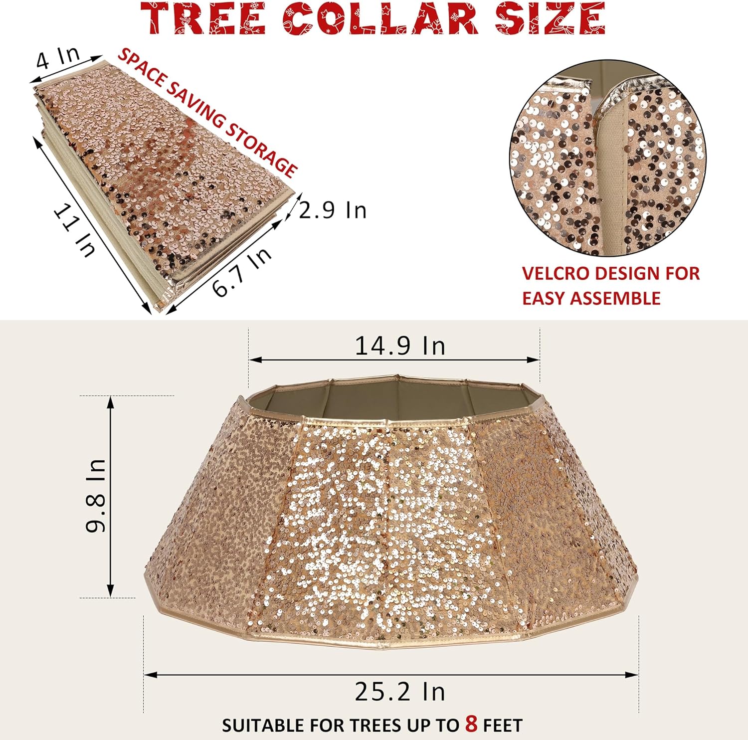 Blissun Sparkling Champagne Gold Christmas Tree Collar – Color Shifts with Light – 25.2″ Bottom / 14.9″ Top Foldable Base Cover