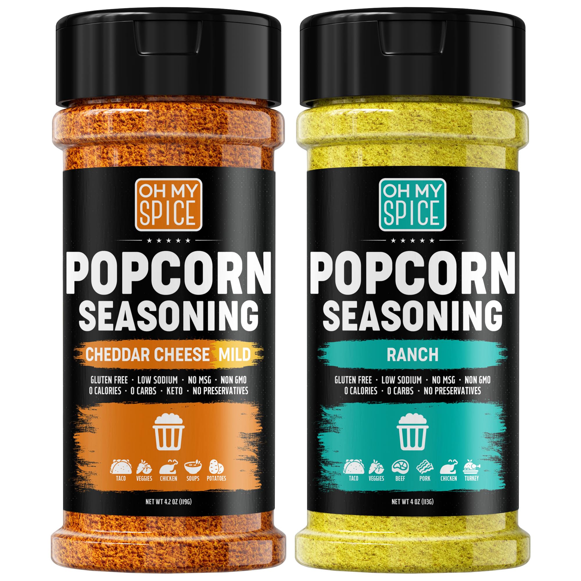 Popcorn Seasoning Variety Pack - Gluten Free & Low Sodium Ranch Seasoning Powder & Cheddar Cheese Powder Flavors. Pop Corn Gift Set. Pop Corn Flavorings Topping Variety Pack. Popcorn Seasonings Kit