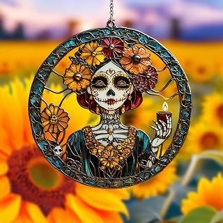 Stunning La Catrina Acrylic Suncatcher – Day of The Dead Faux Stained Glass Decor with Candle & Flowers, Perfect Dia de Los Muertos Hanging (4x4)