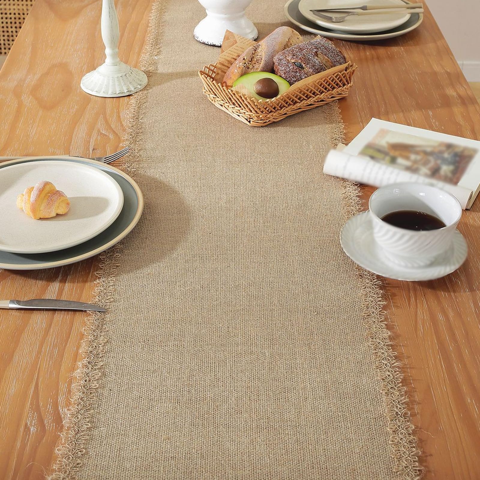 Camino de mesa de arpillera con encaje natural trenzado de yute rústico, antideslizante, lavable a máquina para fiestas de primavera y verano, estilo D (30 x 220 cm)