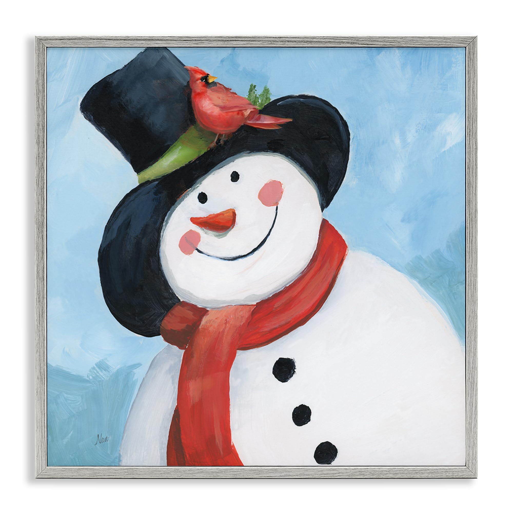 Stupell Industries Farmhouse Gray (Textured) 'Cheerful Snowman With Cardinal', Framed Giclee Art, Gray, 17 X 17 Inches, Easy To Hang And Sturdy, Made In Usa, By Nan