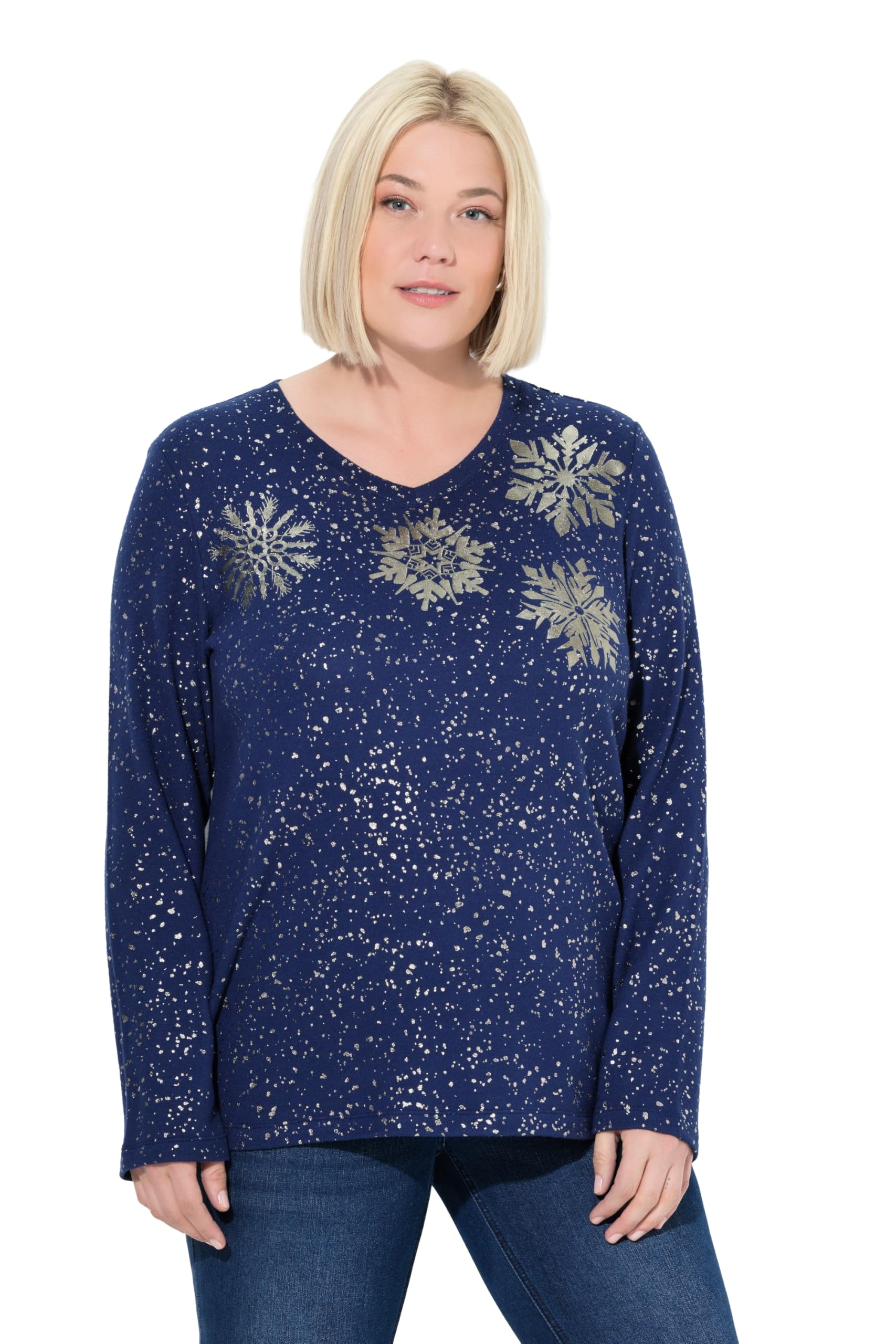Ulla Popken Damen große Größen Übergrößen Plus Size Sweatshirt, Metallic-Druck, V-Ausschnitt, Langarm 844924