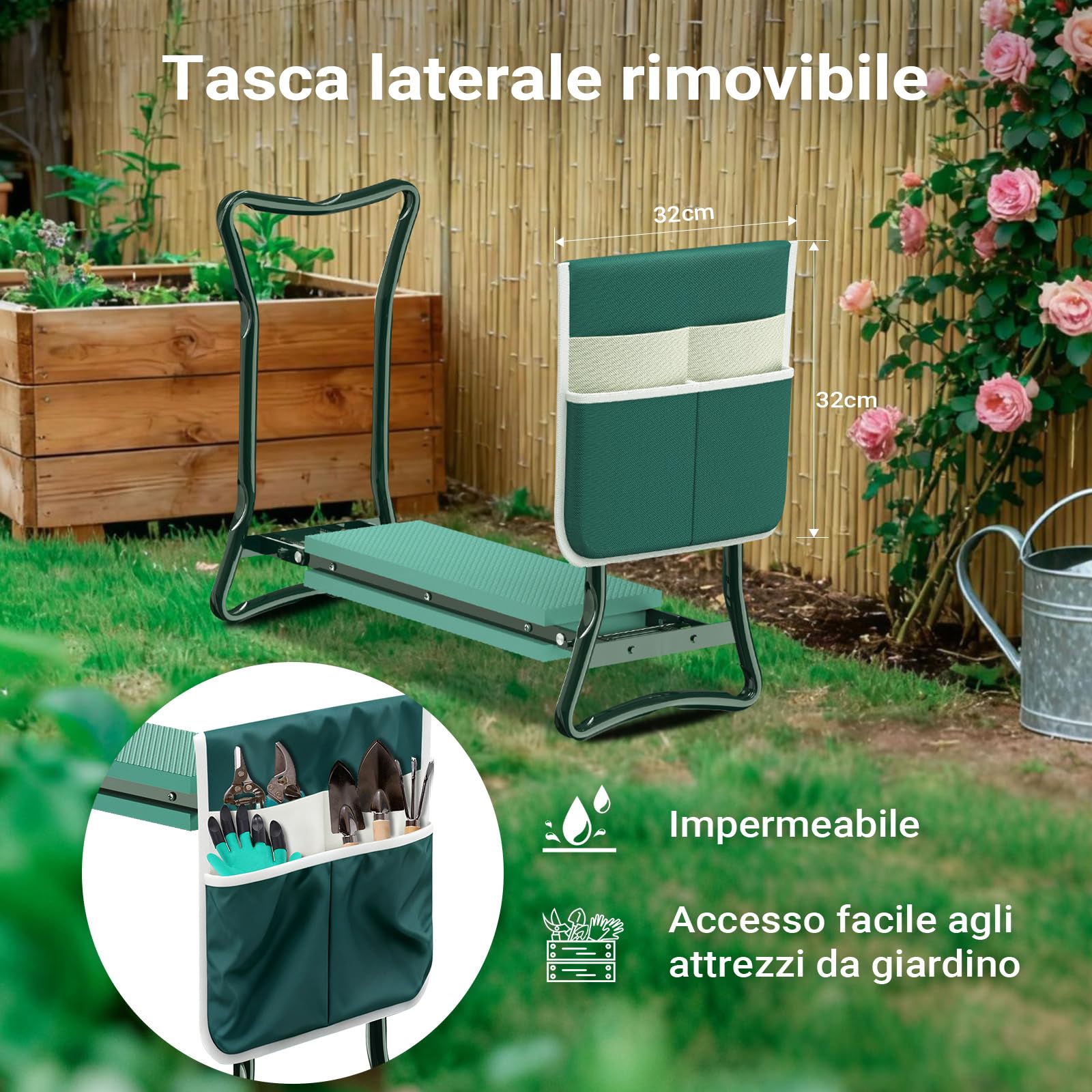Wiltec Inginocchiatoio imbottito da giardino pieghevole con borsa per attrezzi Sgabello Max 150 kg