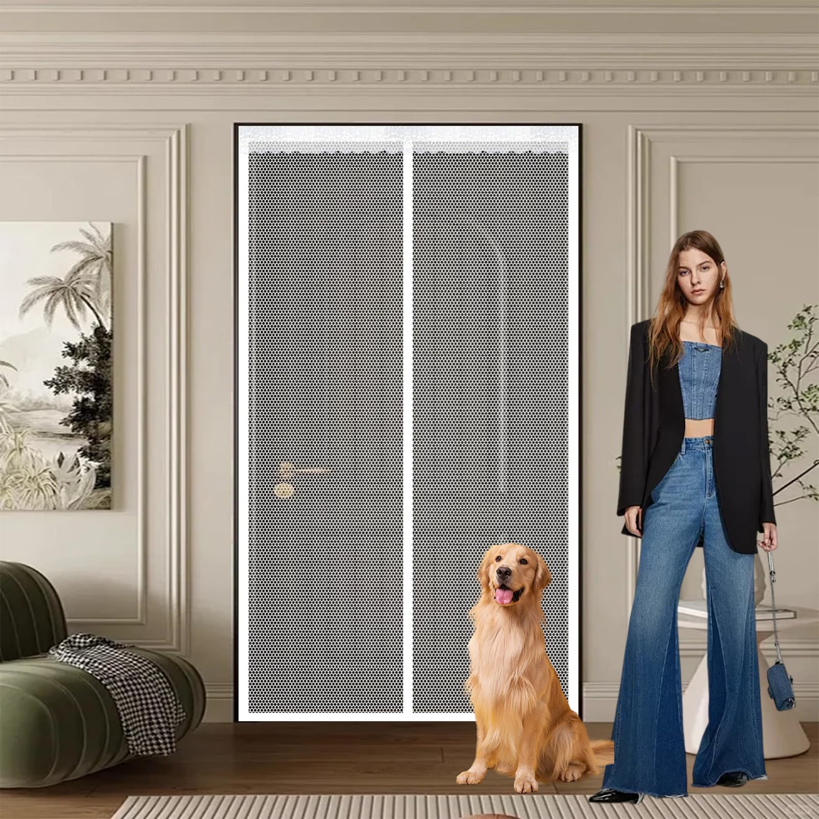 Mesh Curtain 86 x 230 cm Keep Bugs Out, Full Frame Magic Tape, Powerful Magnets, Self Sealing, No Drill Installation, Door Curtains to Stop Flies for Balcony Bedroom Doors, White