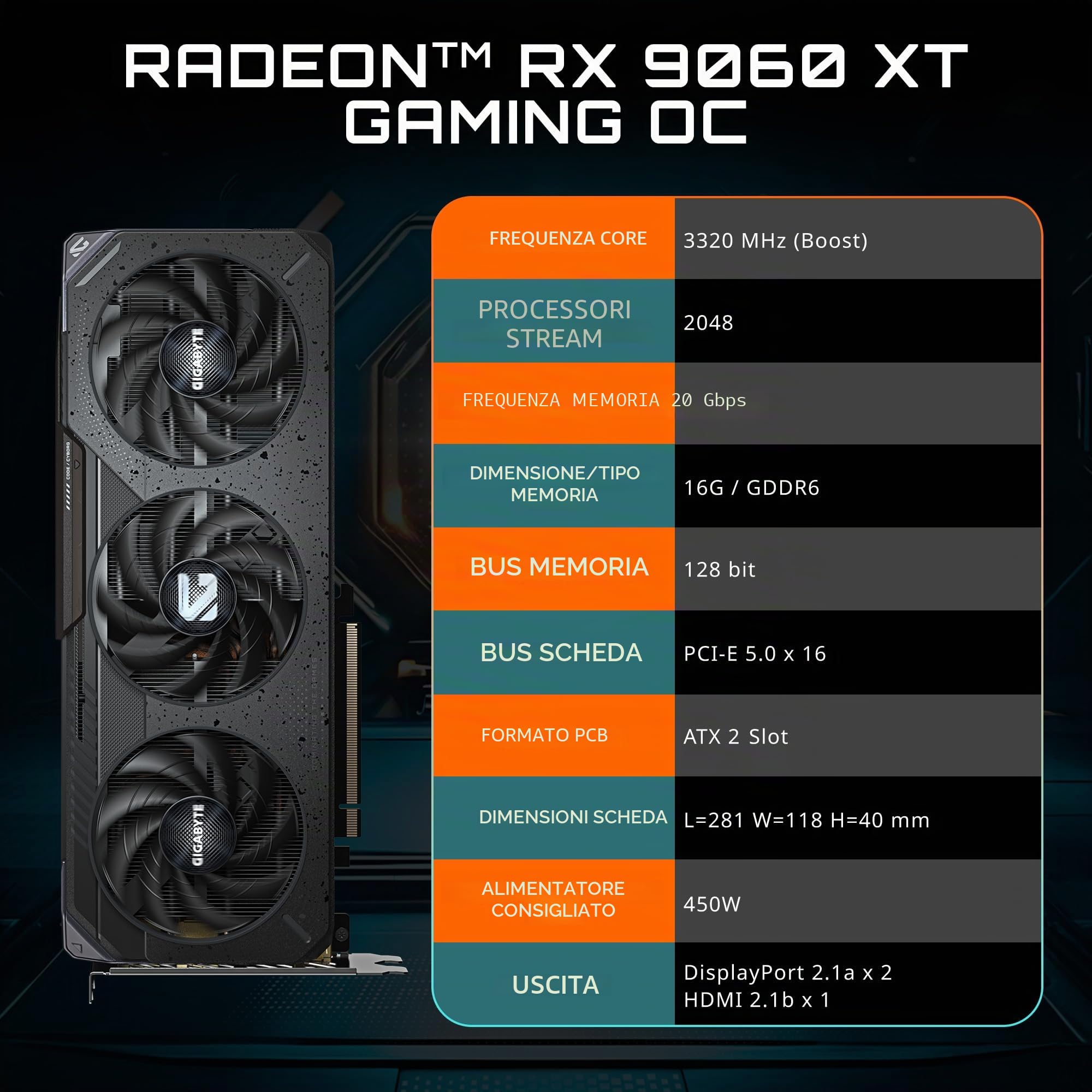 GIGABYTE Scheda grafica Radeon RX 9060 XT Gaming OC 16G, PCIe 5.0, 16GB GDDR6, GV-R9060XTGAMING OC-16GD Scheda Video