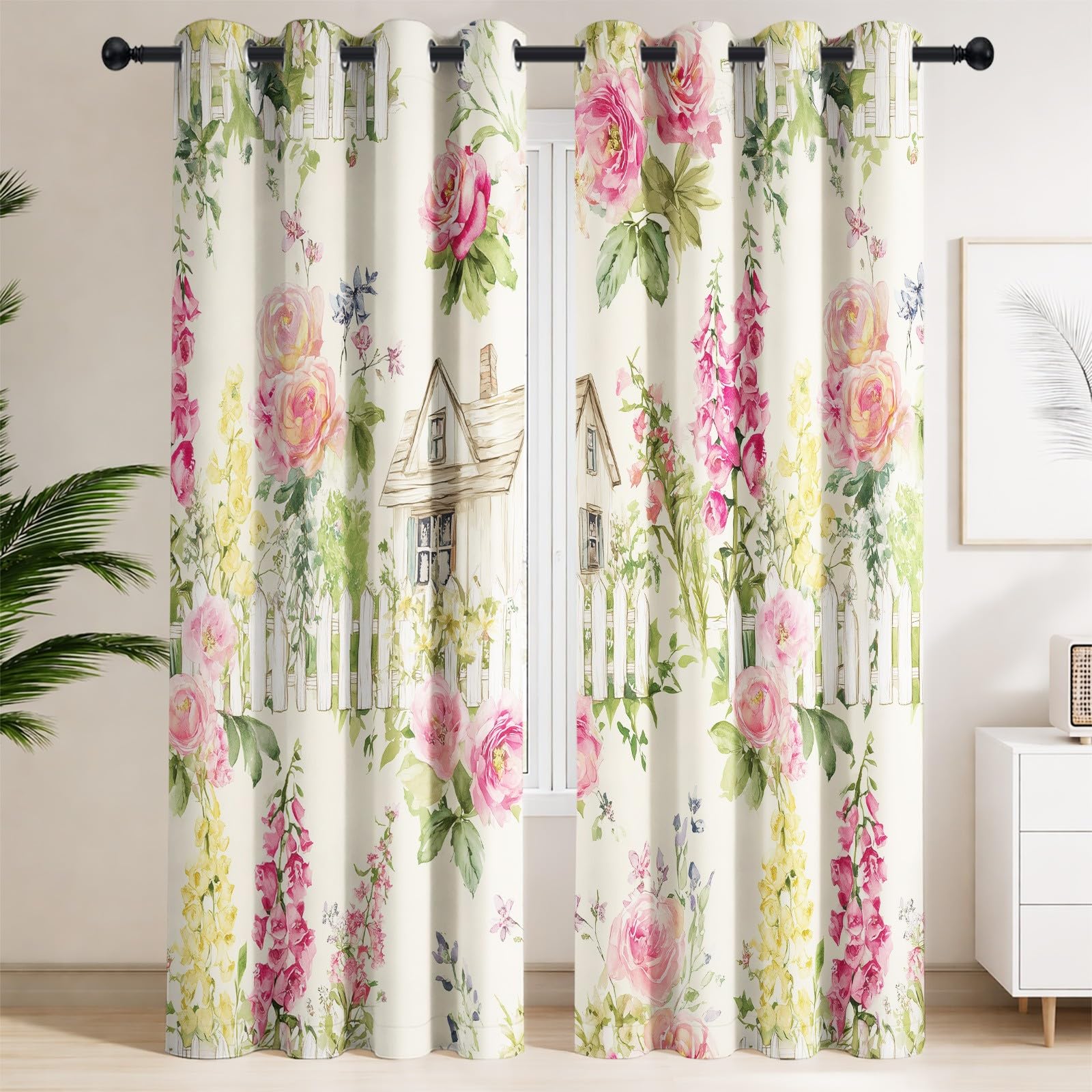Générique Rideaux Motif Aquarelle Champêtre, 117 x 137 CM Lot de 2, Rideau Occultant Floral Maison, Thermique, Oeillets, Opaque, Decoration Chambre, Salon, Draperies Fenetre