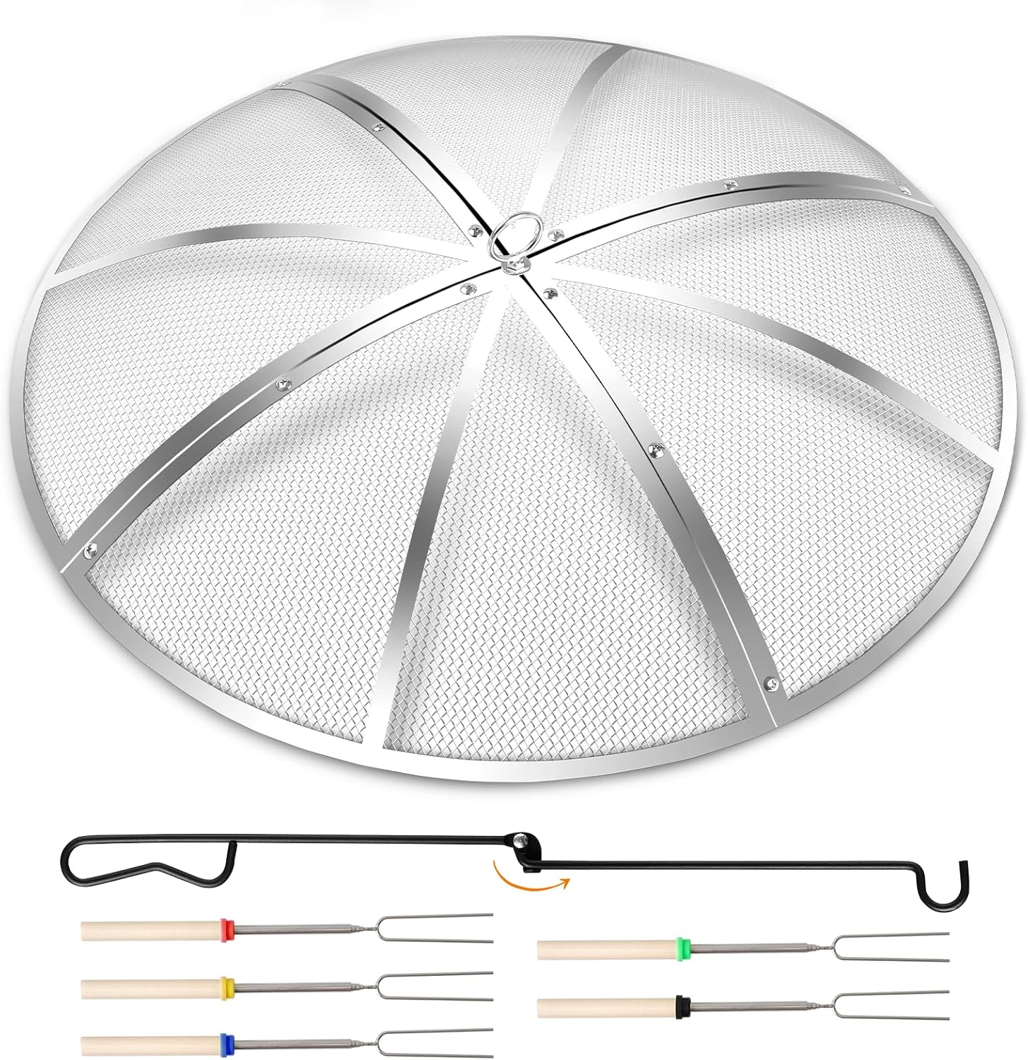 Fire Pit Spark Screen 27 Inch Round, Heavy Duty Stainless Steel Outdoor Fire Pit Screen Cover with Foldable Hook & Fire Safety Gloves, Mesh Spark Protector for Backyard, Camping, Beach Stainless Steel 27-Inch
