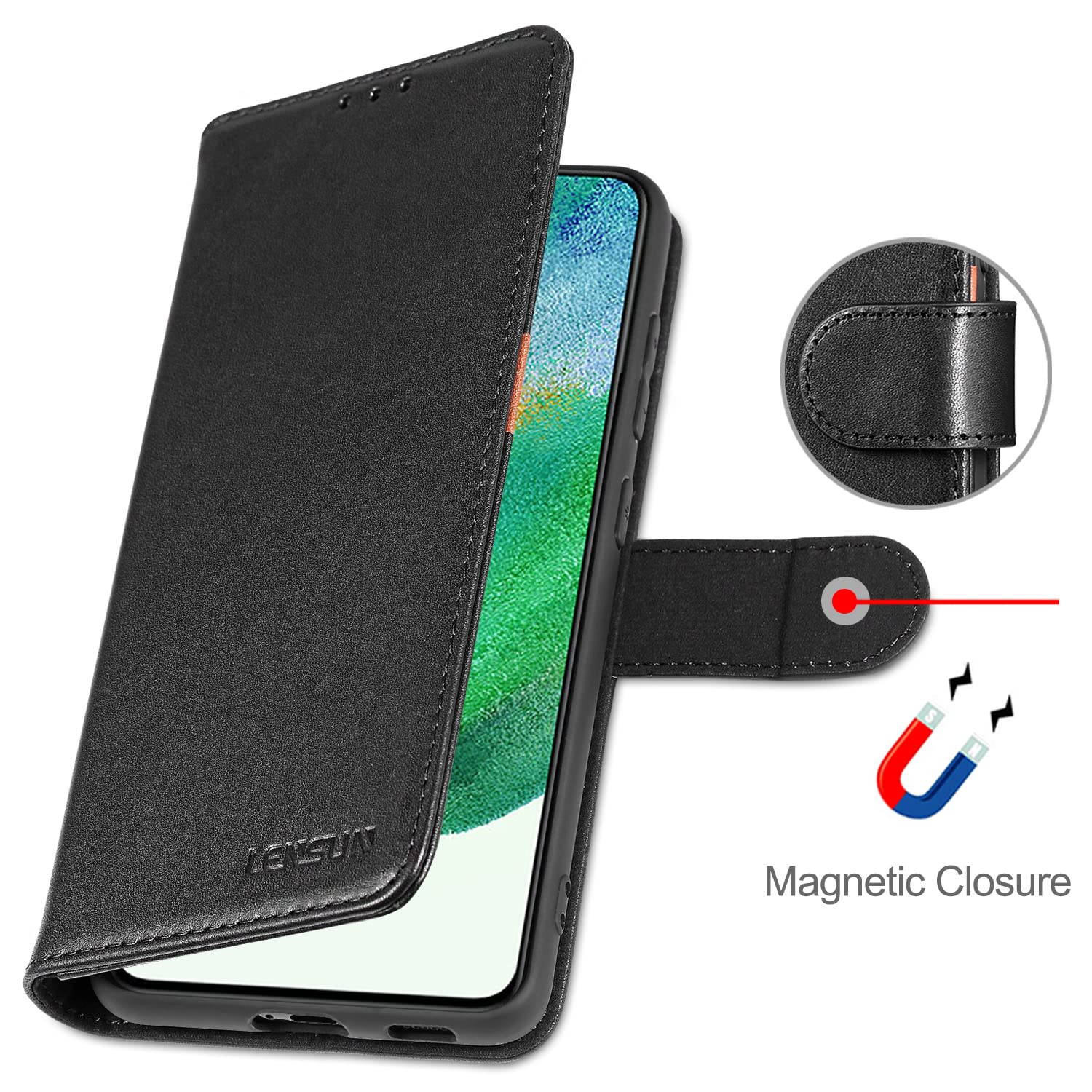 Etui LENSUN do Samsung Galaxy S21 FE 5G, etui z prawdziwej skóry portfel [RFID Blokad] z pamięcią na karty i zapięciem magnetycznym kompatybilne z Samsung S21 FE 5G- czarne (S21FE-JT-5BK)