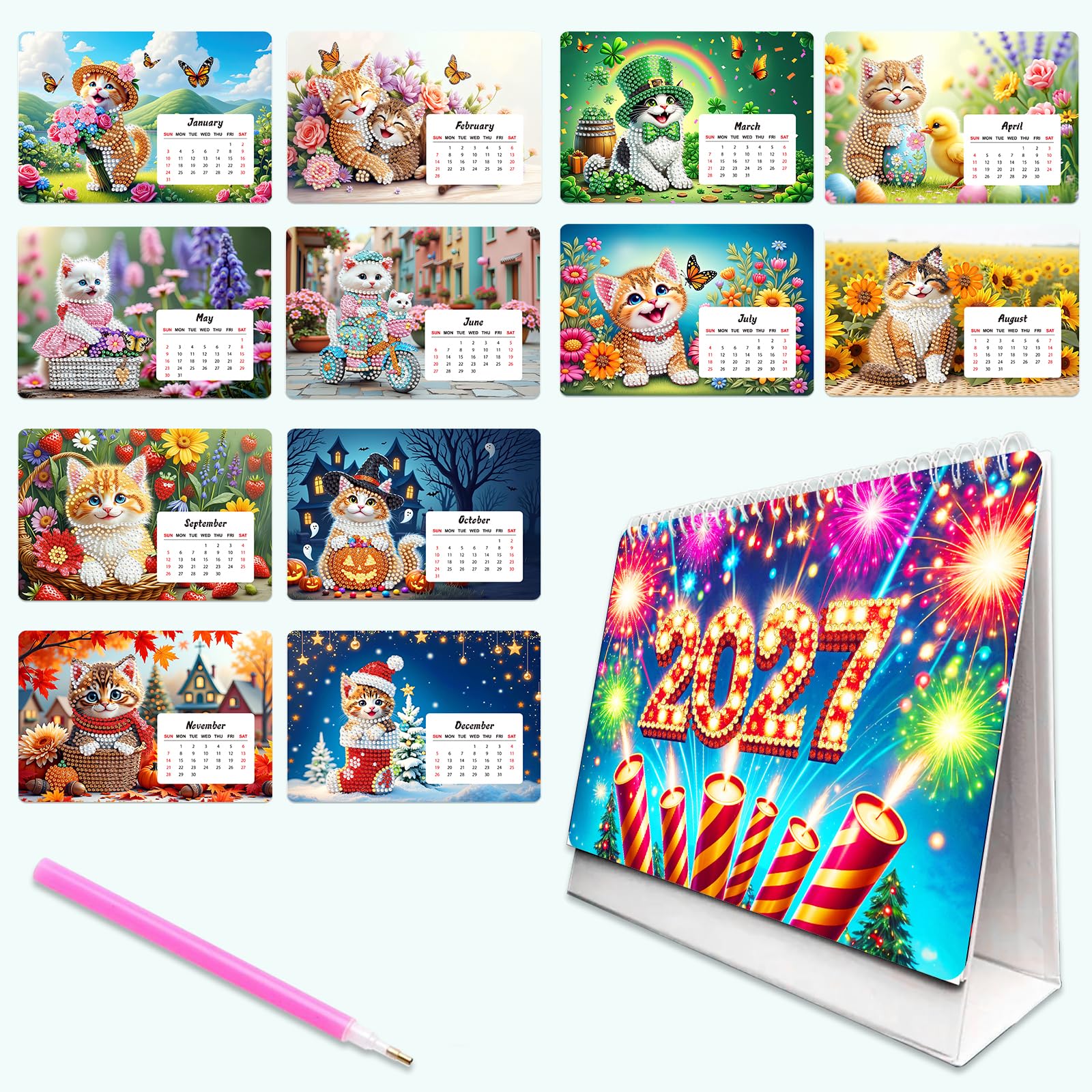 Aukojoy Cat 2027 Diy Diamond -Painting Calendar Set With Irregular Shaped Diamonds Diamond Art Desk Calendar Fade-Resistant For Adults/Beginners Gift For Idea Home Decor
