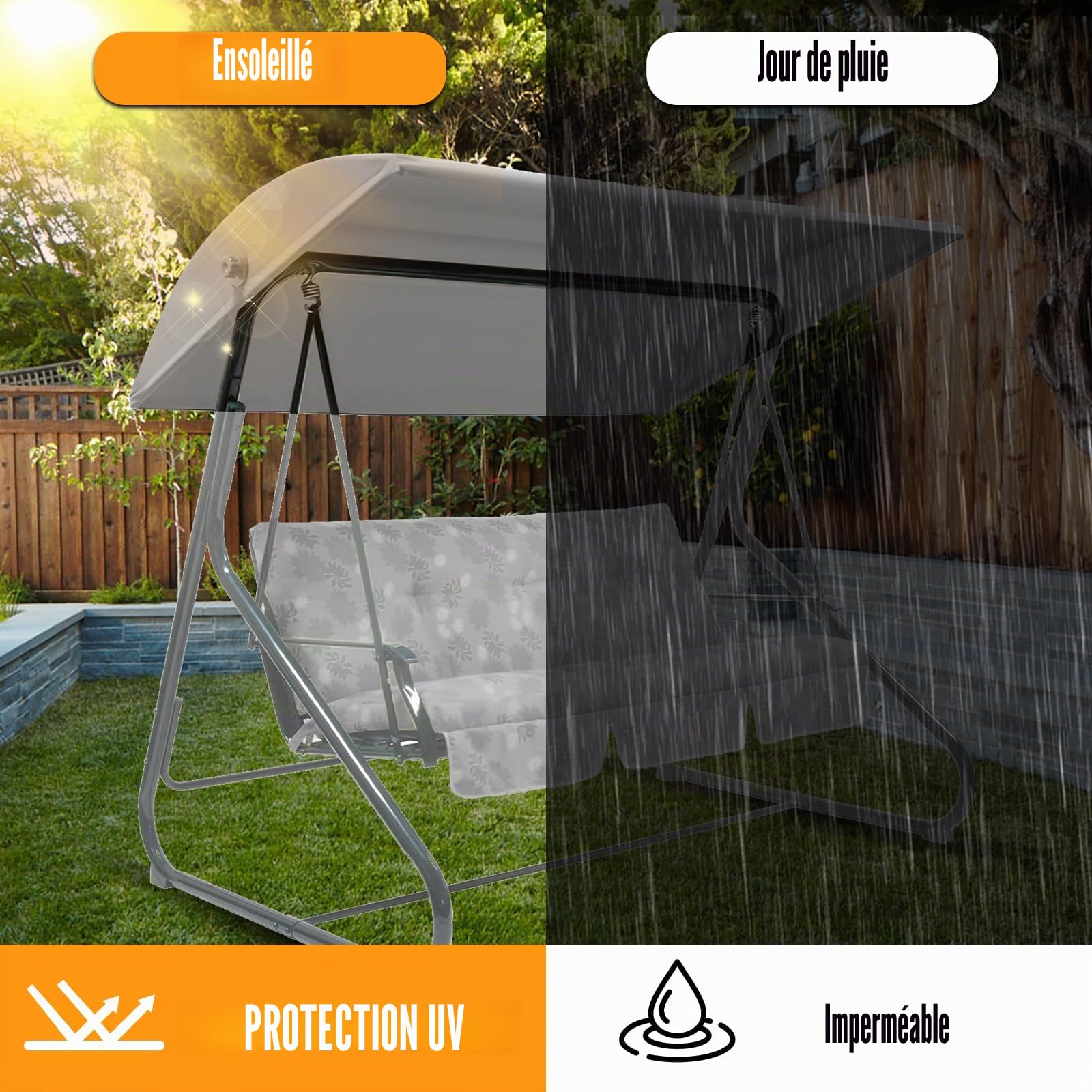 WingFly Housse de remplacement B&Q Colorado pour balançoire de jardin 3 places, pour hamac de jardin, housse supérieure uniquement (204 X 117 cm, gris)