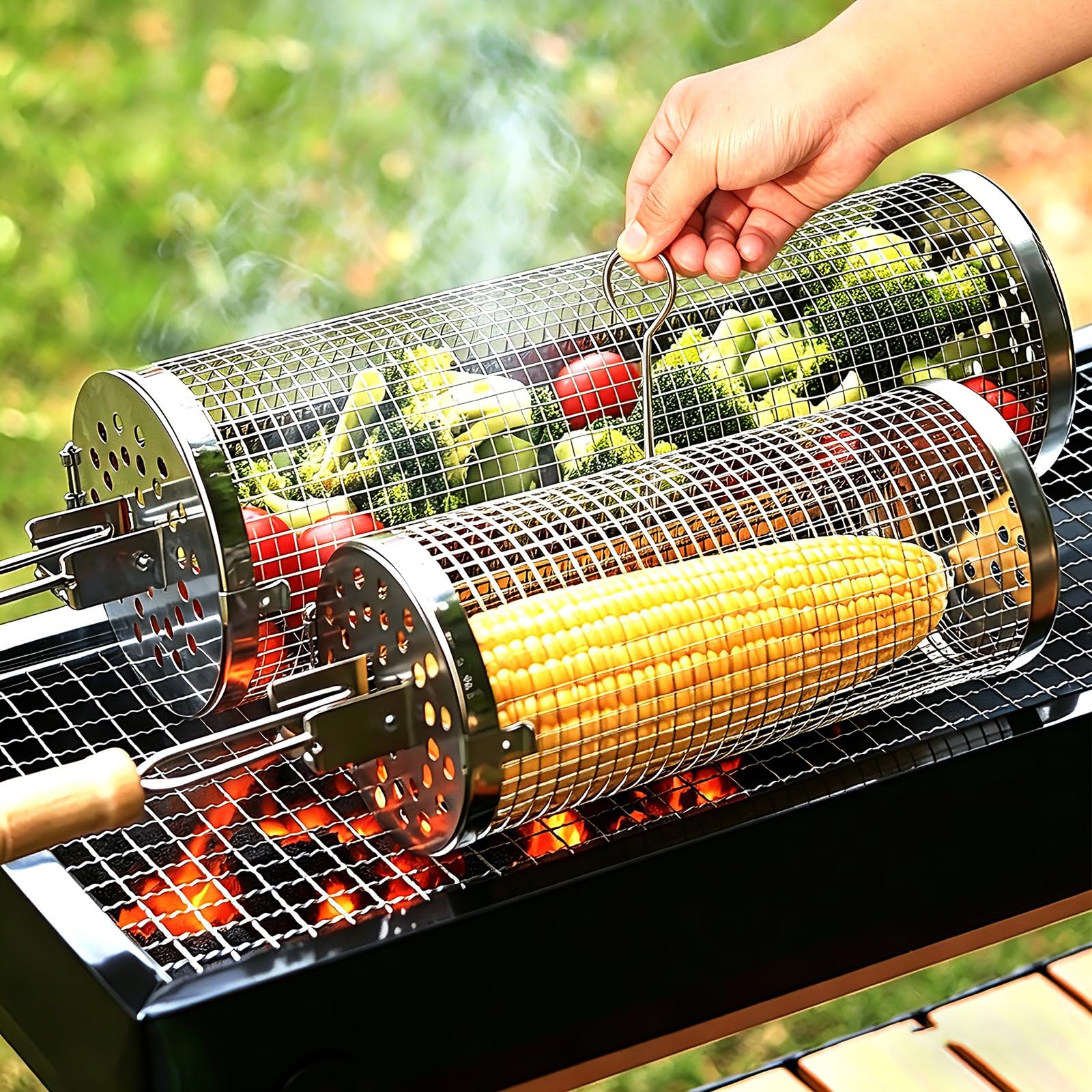 2PCS BBQ Rolling Grill Basket Set, Removable Wooden Handle, 304 stainless steel, Nesting Grilling Net, BBQ Accessories Tools for Vegetables Shrimp,Outdoor Cooking Camping, Birthday Gifts for men Dad