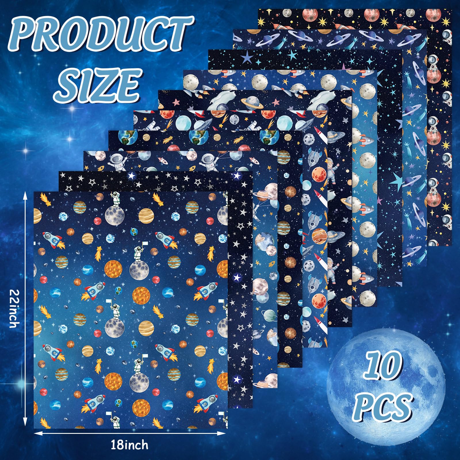 FYSUIMU 10 Stück Weltraum-Baumwollstoffbündel Astronaut Rakete Sterne Fat Quarters Galaxy Quilten Patchwork für DIY Nähen Handwerk Dekor, 45,7 x 55,9 cm