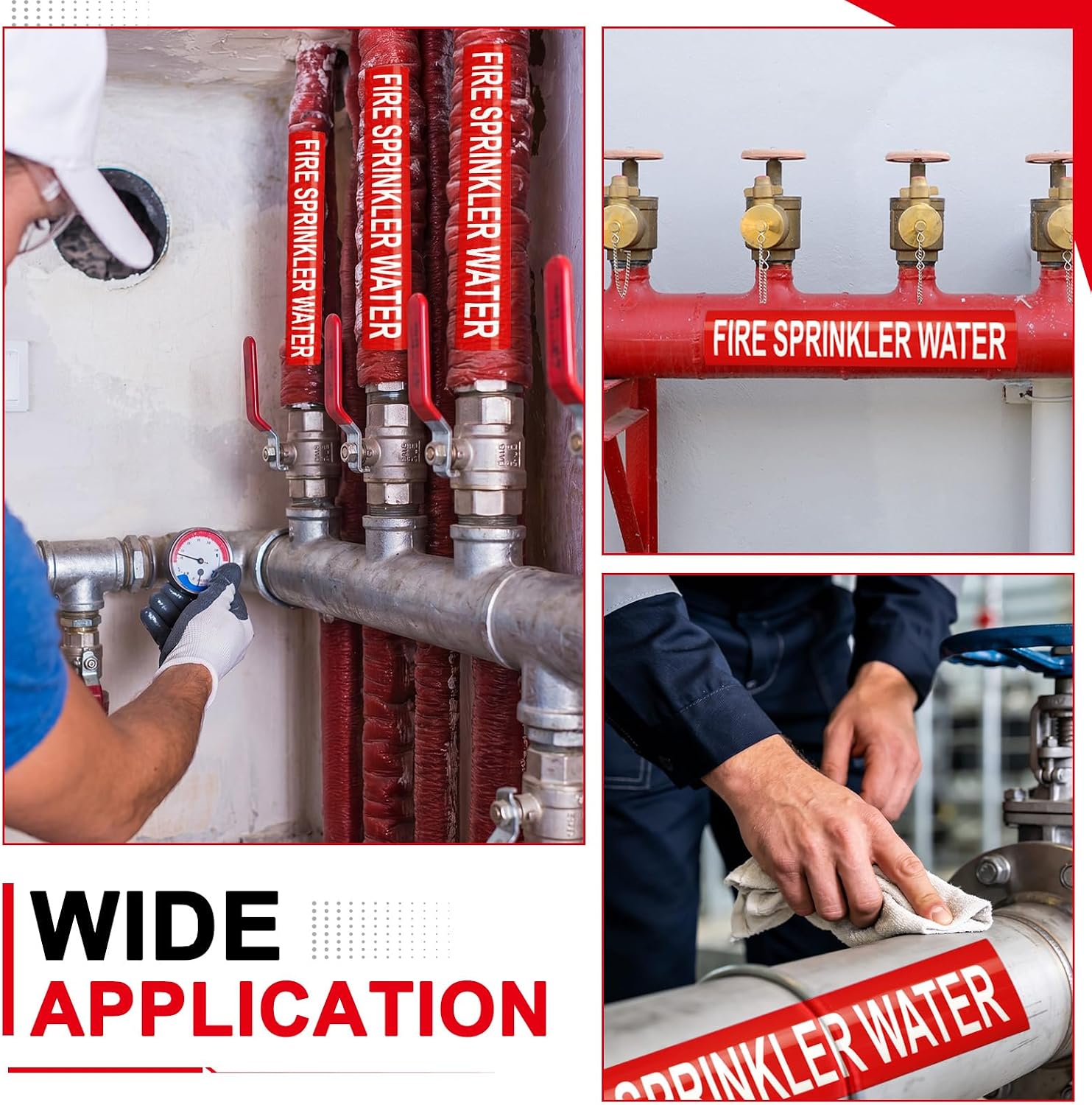 50 Pack Fire Sprinkler Water Pipe Marking Labels - 8 x 2 Inch Self Adhesive Vinyl Fire Sprinkler Safety Sign White on Red for Safety Equipment