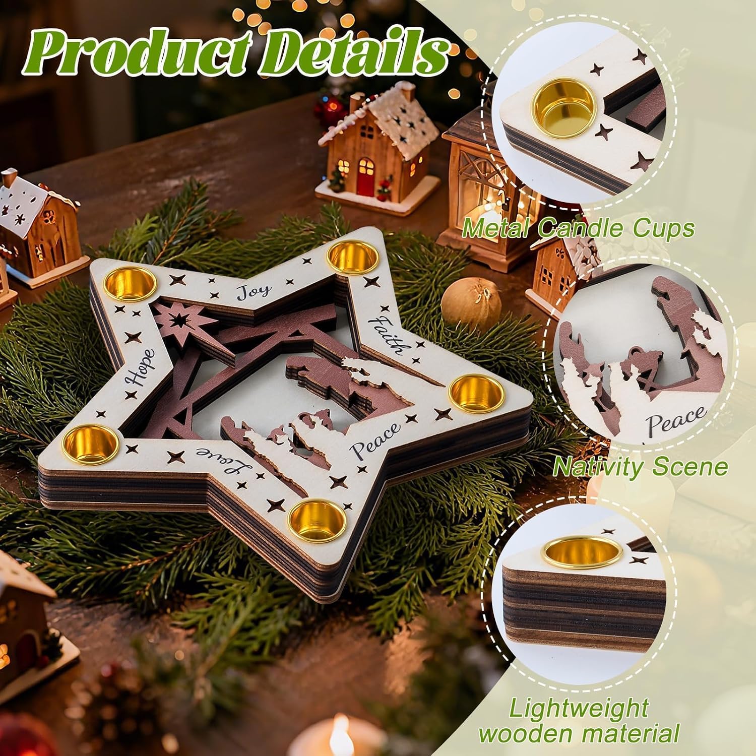 Advent Wreath Candle Holder, Wooden Nativity Scene Advent Candlestick, 5-Hole Star Shape Wreath Candle Holder for Nativity Christian Table Centerpiece Gifts (Pentagram)