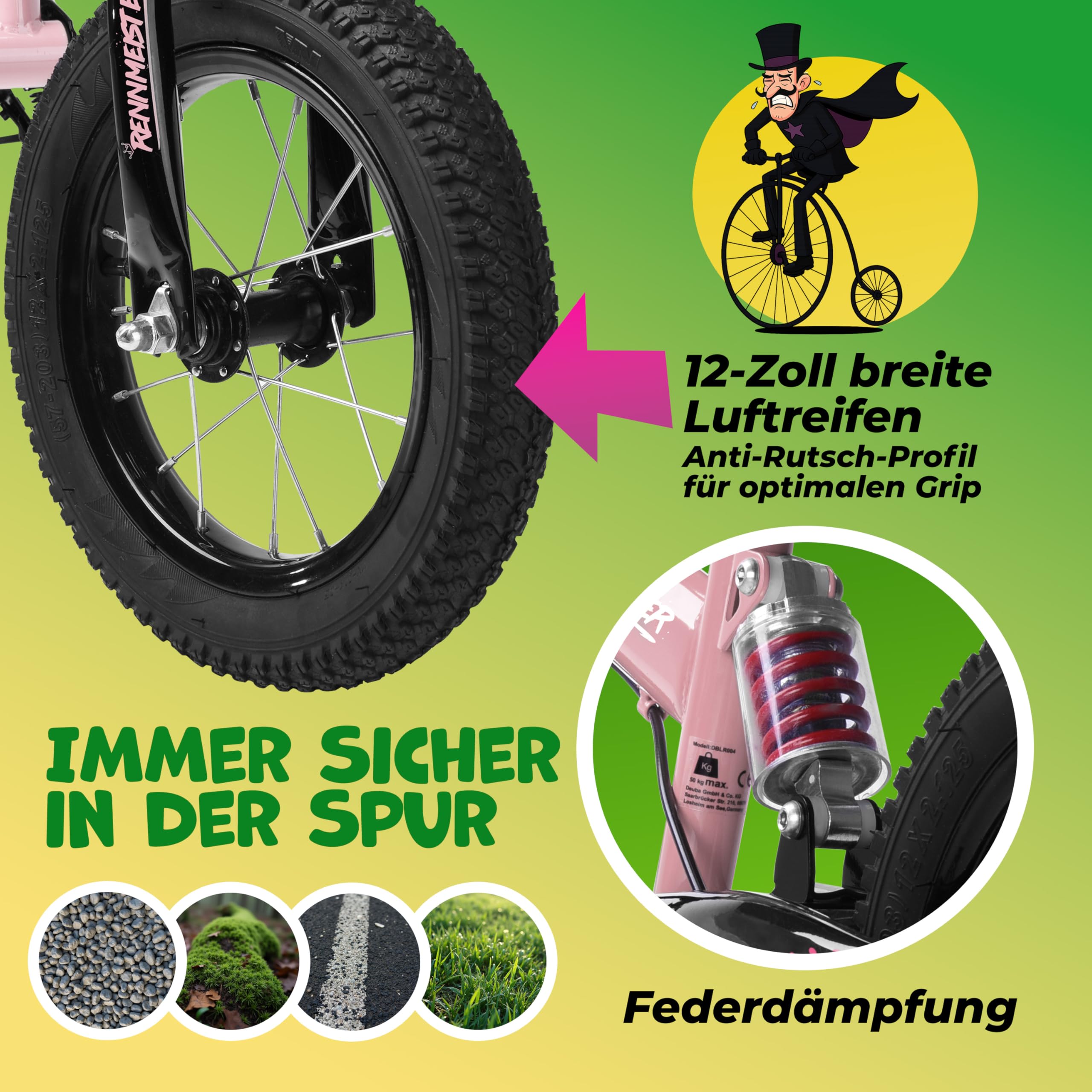 Bici per bambini da 2 Anni Ruota Apprendimento Freno Protezione dagli Urti Max Carico 50 kg Impugnature in Gomma, Fuchsia