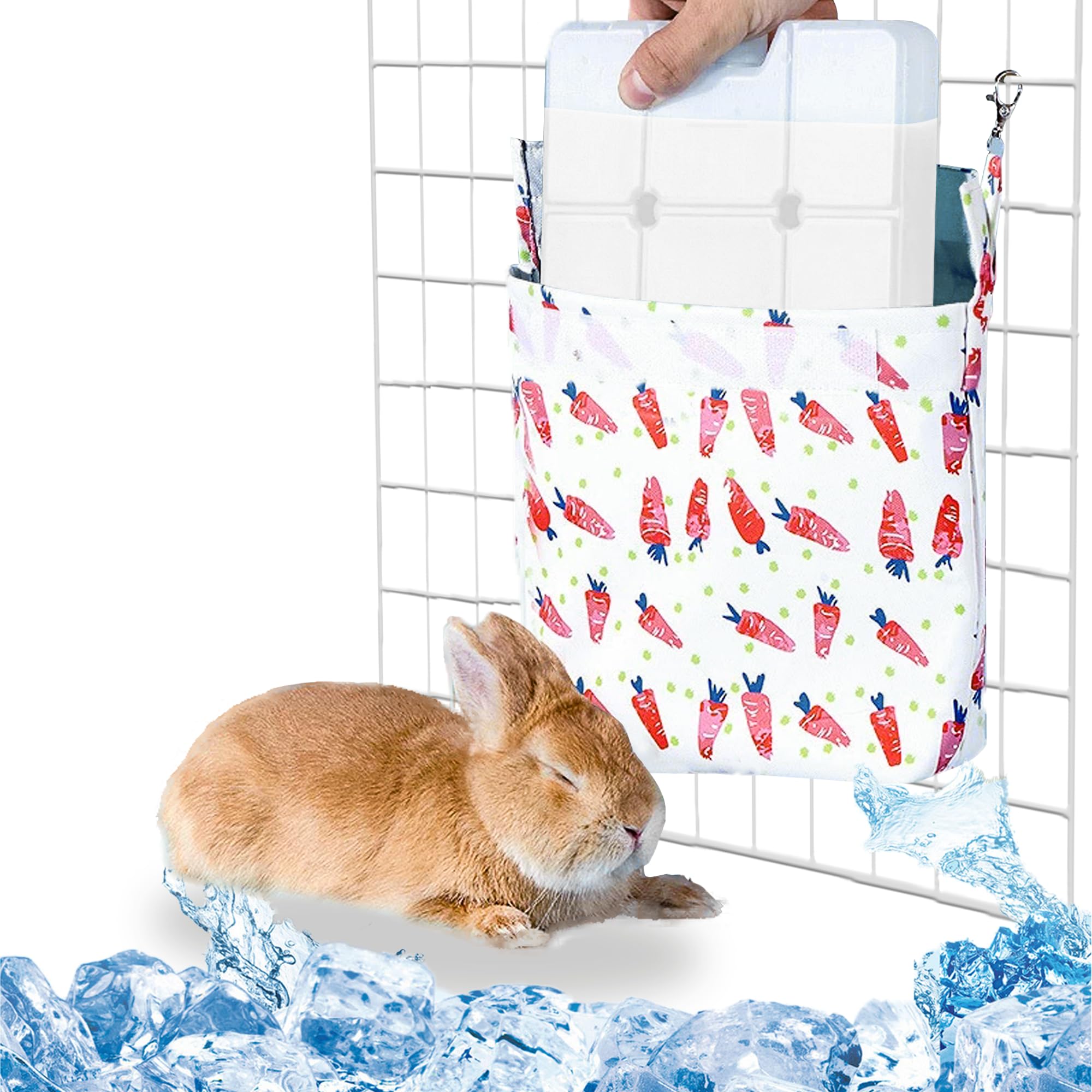 No Condensation Rabbit Cooling Pouch with Ice Box for Cage, Up to 12-Hour Cool Ice Bag Hanging for Summer, Washable Arc-Chill Cooling Pack for Small Animal Bunny Chinchilla Ferret Guinea Pig