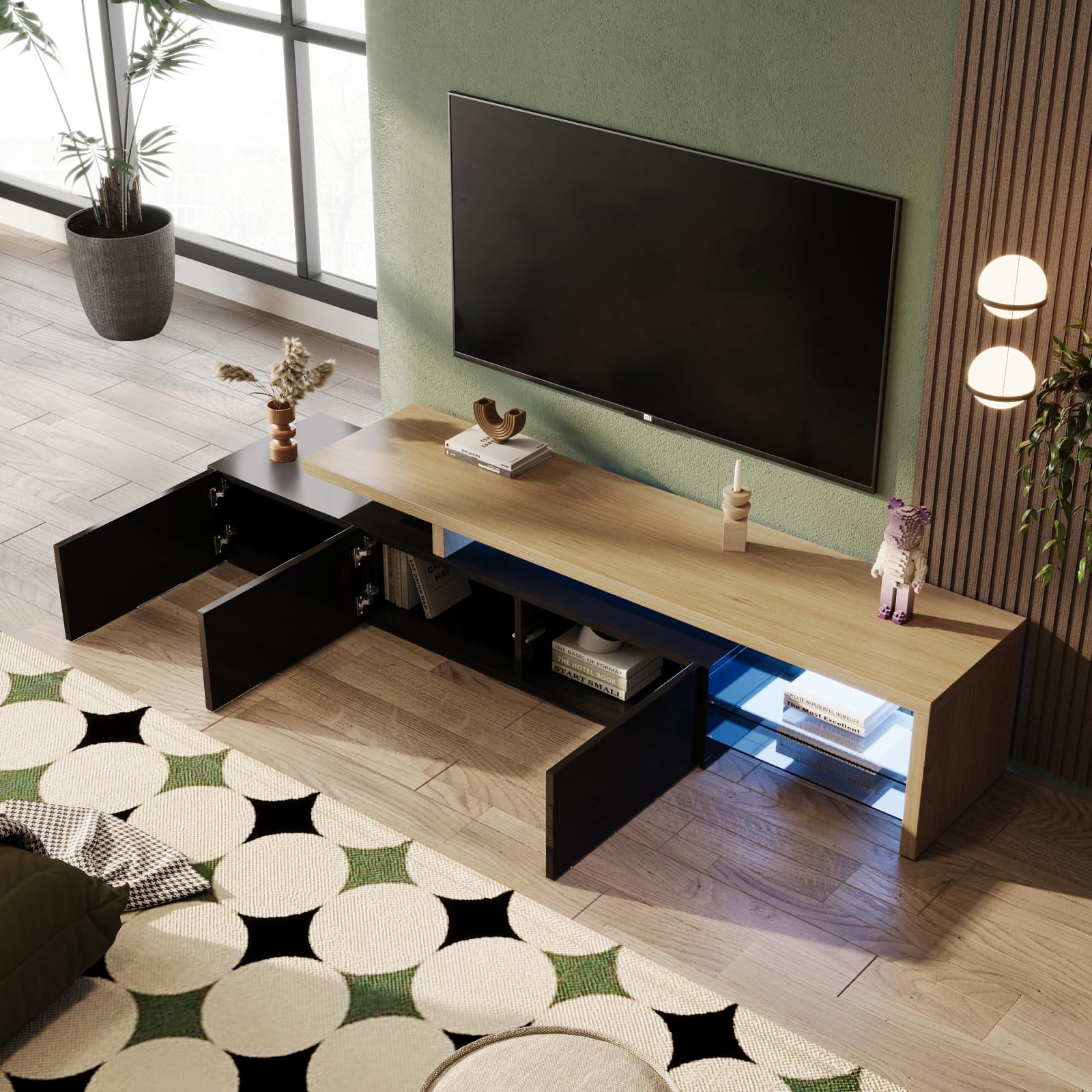 Mesa de Televisión Salón LED, Mueble TV Negro LED, 200×39×42cm, Mesa Televisión Salón 200 cm Mueble Télé Habitación Negro Mueble TV LED 200 cm Mueble Télé Negro Mesa TV Salón Mueble de Télé