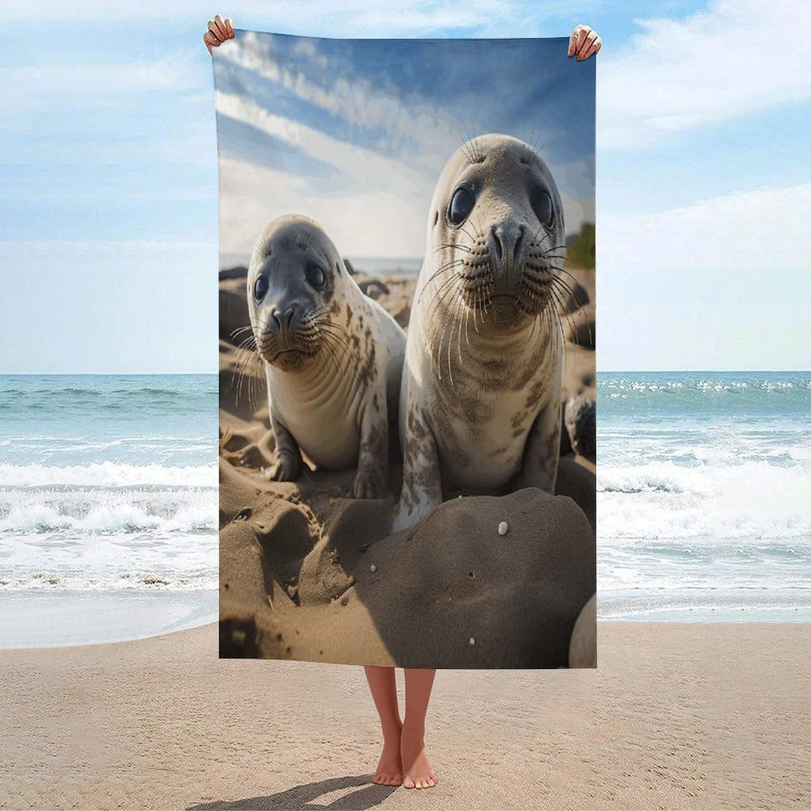 ADFGYERH Seal on The Beach Bath Towels Unisex, Beach Towel Lightweight Quick Dry, Bath Towel for Travel Sports Pool Swimming Bath Camping Yoga Adults130x80cm