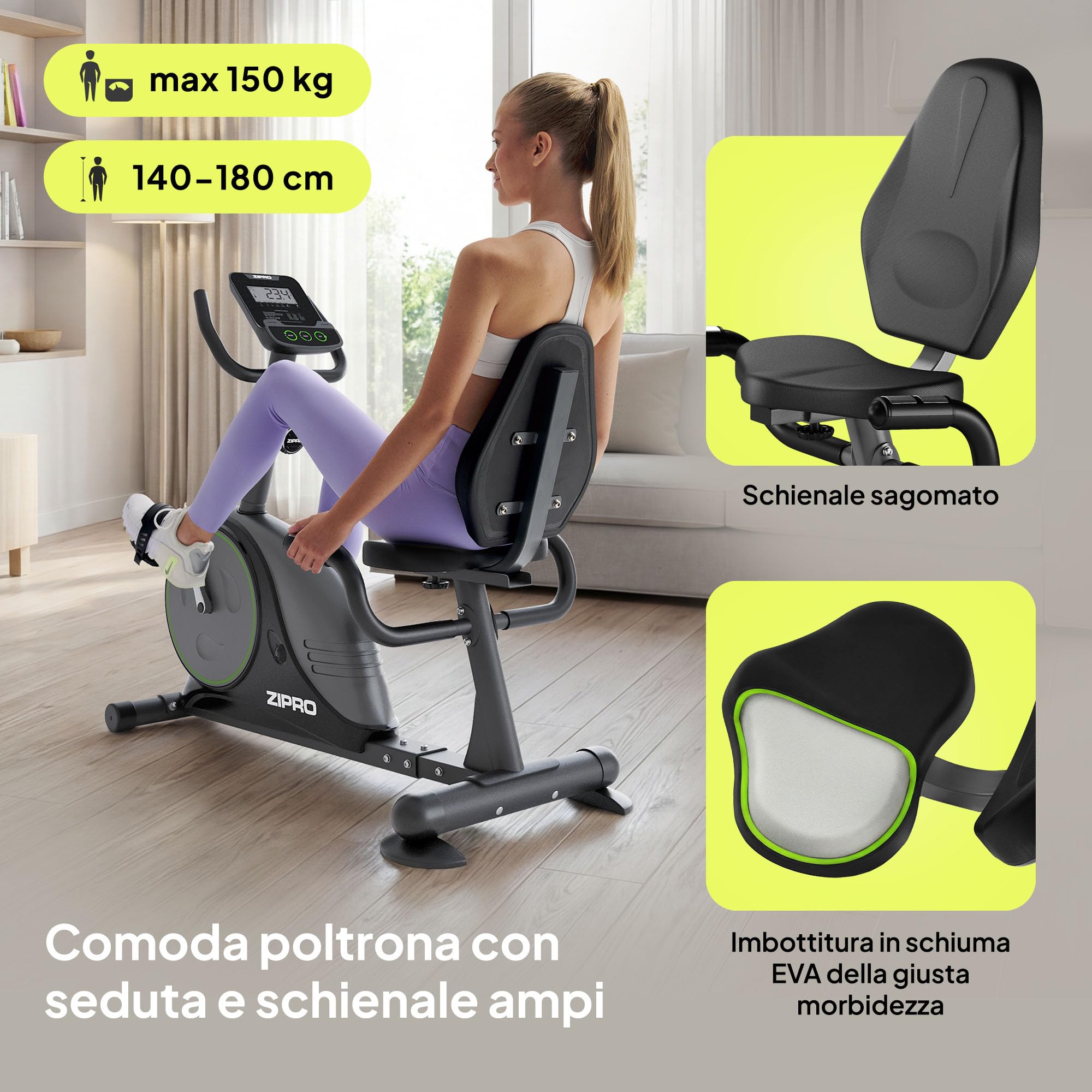 Zipro Cyclette Easy, Fitness Bike Ergometrico, Trainer Magnetico per Bicicletta, Ergometro fino a 150 kg, Bici da Interno, Cyclette per Allenamenti Domestici, Batteria Operata