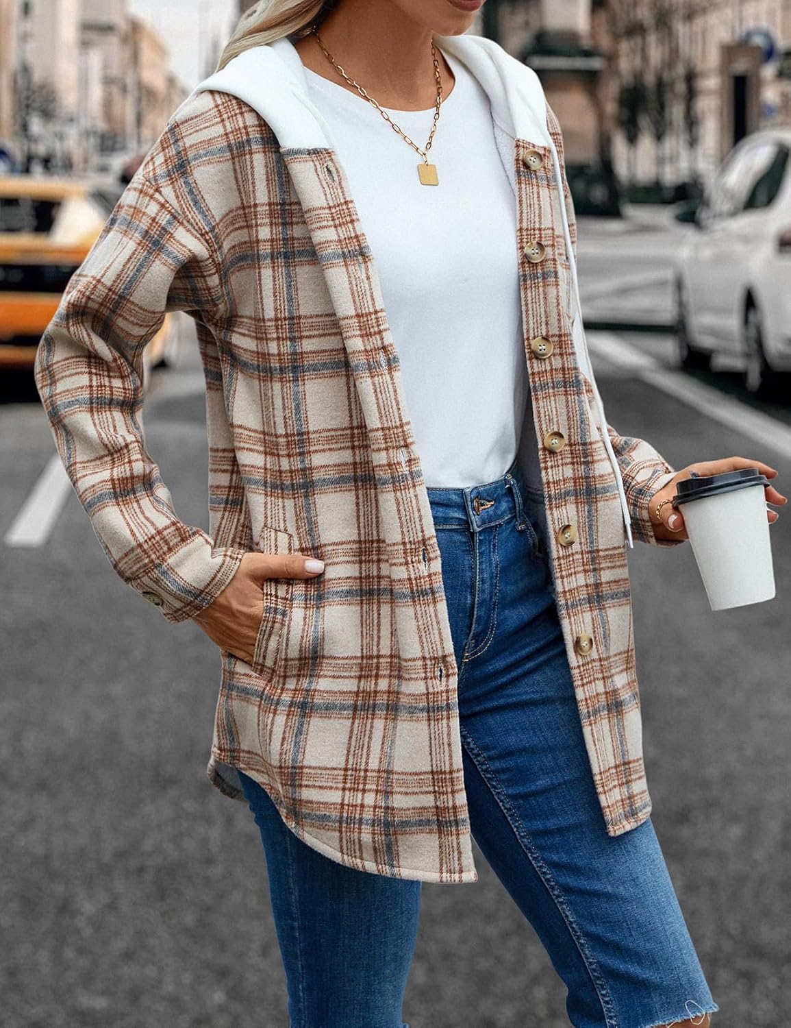 Merryfun Womens Plaid Shacket Jacket Sherpa Lined Flannel Jackets Oversized Button Up Fleece Hooded Warm Coat - Image 5