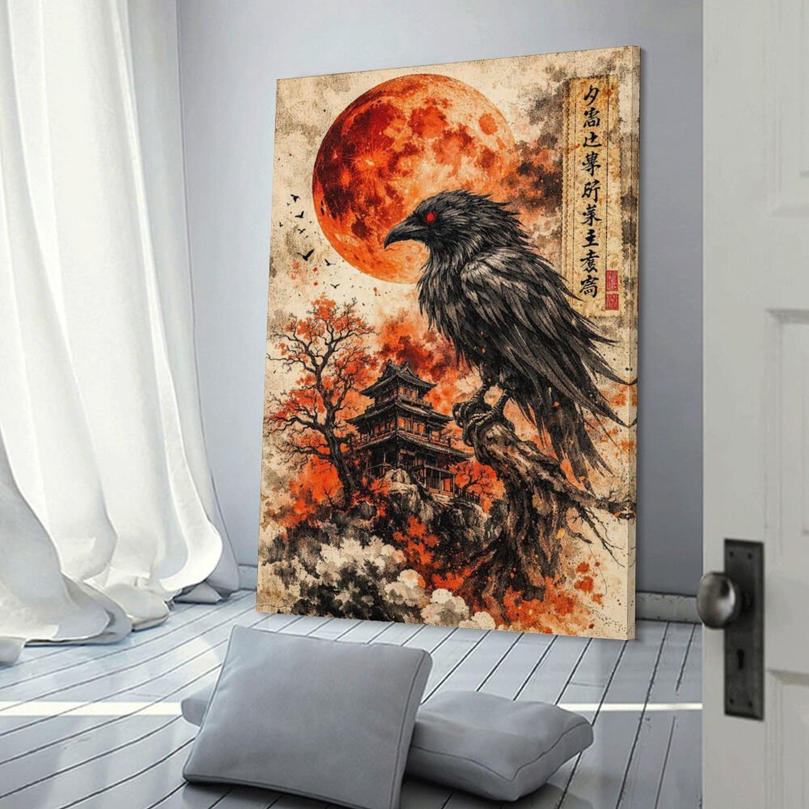 Junmoney Decorative Wall Artwork Dark Raven Over Japanese Castle, 20x30inch(50x75cm), for Calm Bedrooms, Home Corners Or Flats, An Easy Wall Refresh for Bedrooms