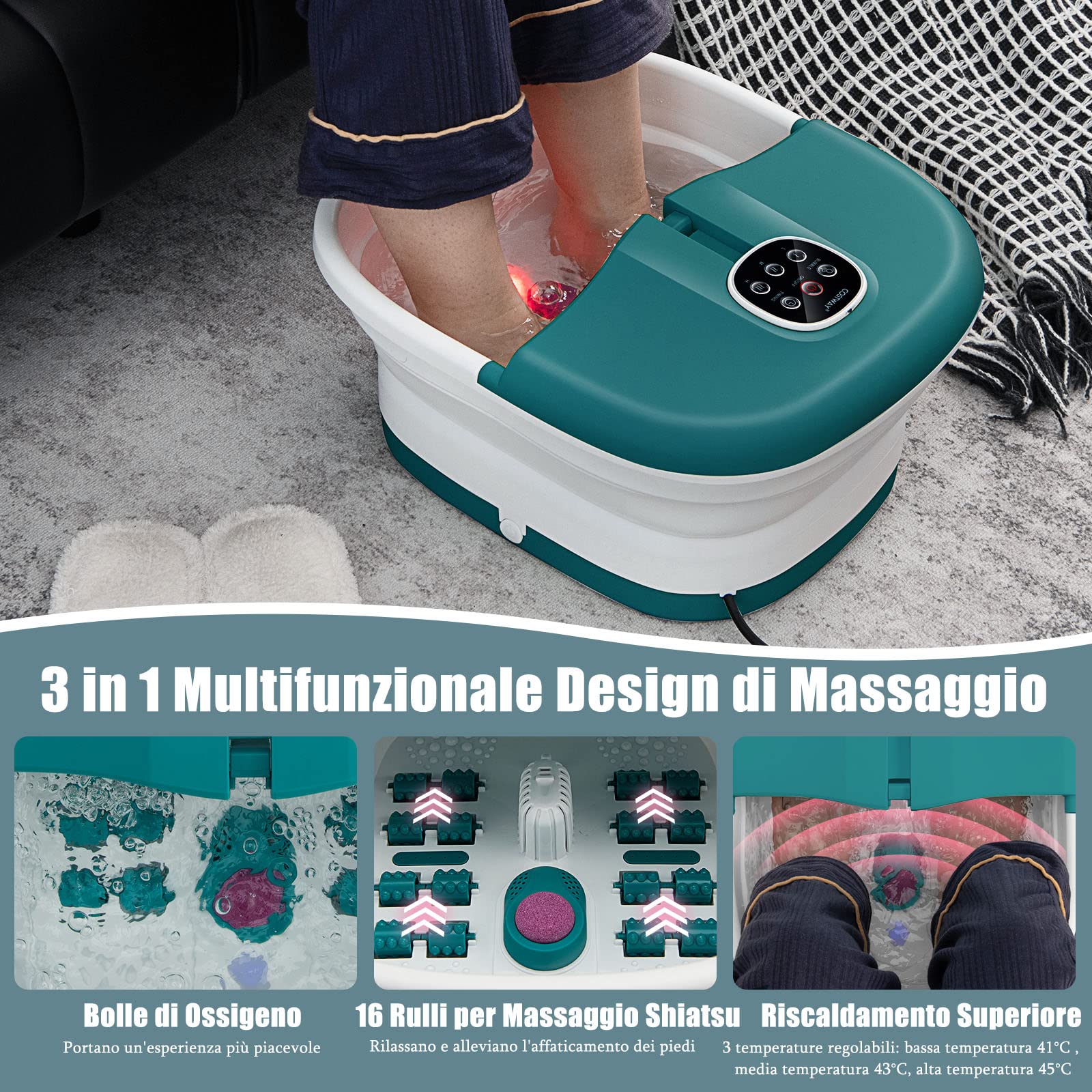 RELAX4LIFE Pediluvio Massaggiatore Piedi con Bolle di Vibrazione e Rulli, Idromassaggio Piedi con 3 Temperature Regolabili e Timer 20-60 Min, Perfetto per Sollievo dallo Stress (Verde scuro)