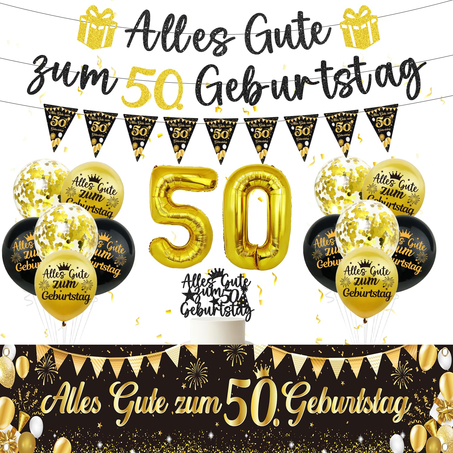 Afritee 50 Geburtstag Deko Mann Frau, 19 Stück Schwarz Gold Banner Girlande Luftballons Tortendeko Hintergrund, Riesen Folienballon Zahl 50 Alles Gute Zum 50. Geburtstag Party Deko