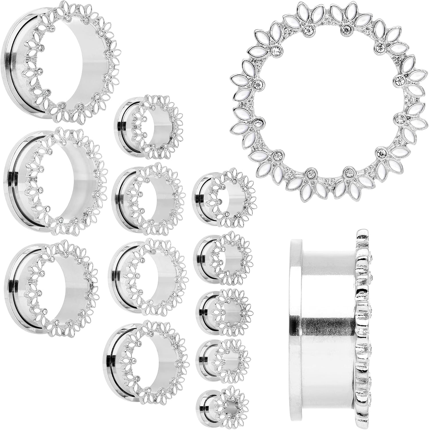 Body Candy 2Pc Womens 316L Steel White Leaves 25mm Double Flare Screw Fit Tunnel Plug Ear Plug Gauges Set