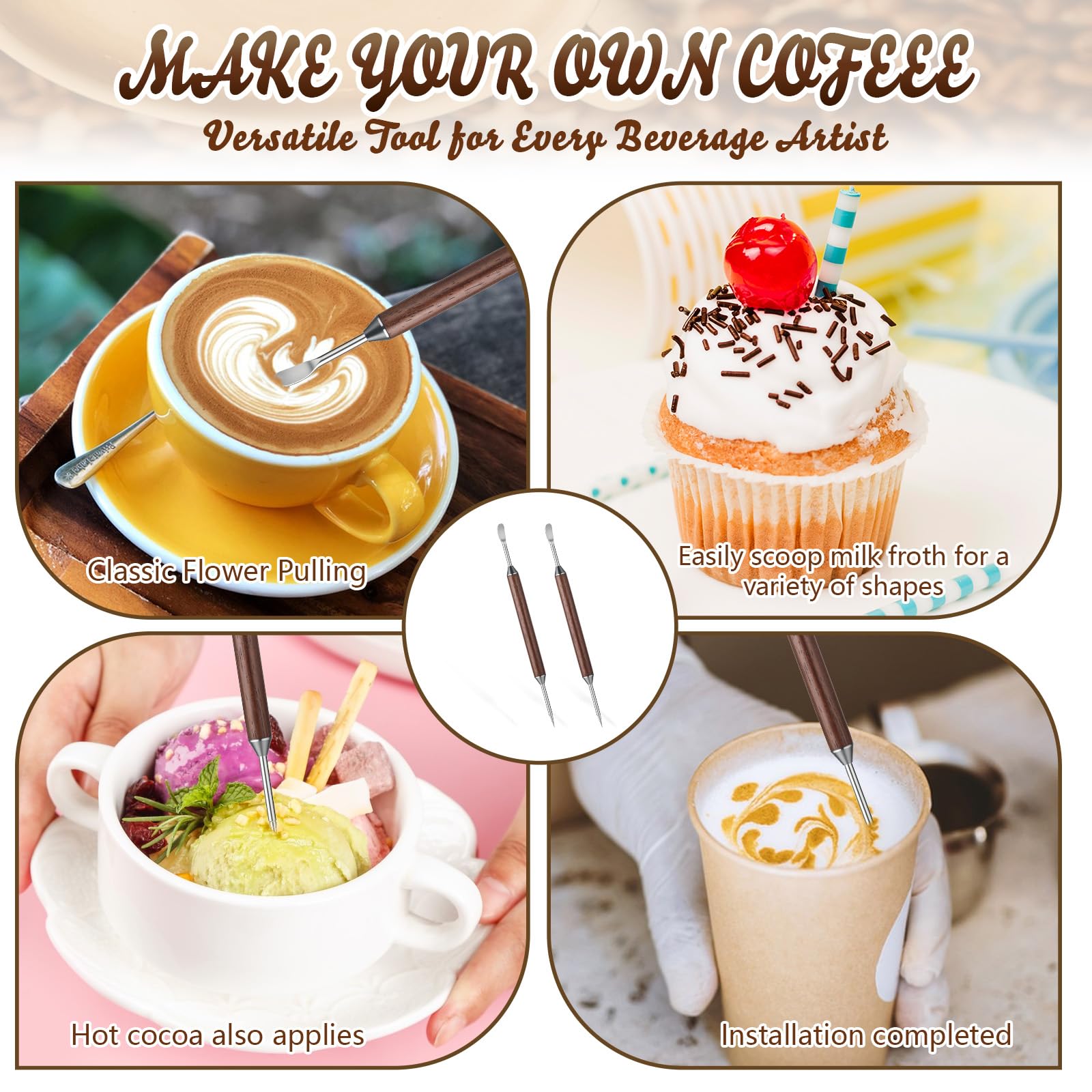Latte Art Pen, roestvrij staal koffiedecoratiehulpmiddel met houten handvat voor doe-het-zelf creatieve patronen