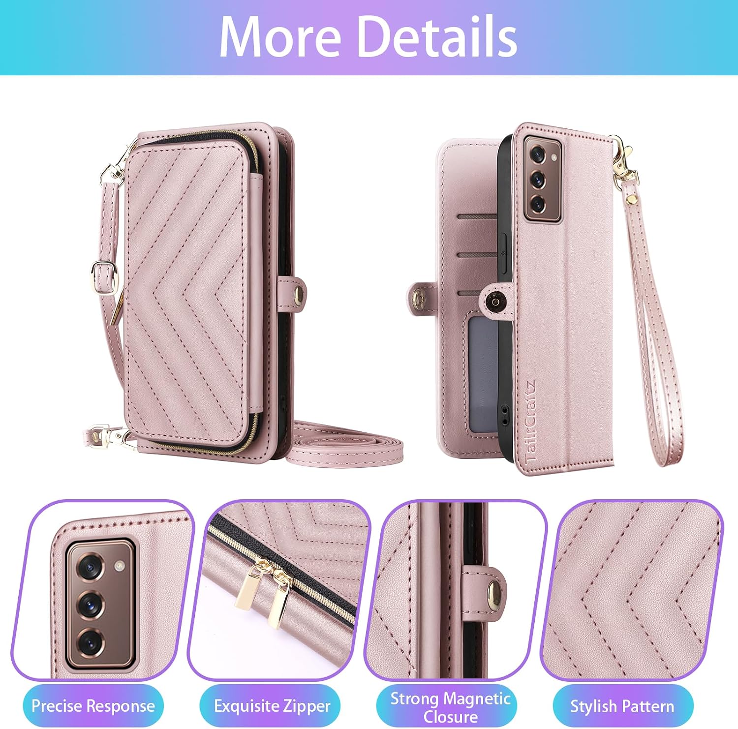 V-Quilted Case for Samsung Galaxy Z Fold 2 5G 2020 Rose Gold | Women Girls, Wallet, Card Slots, Wrist/Shoulder Strap, Card Holder, Stand Cell Phone Cover for ZFold2 Z2 Fold2 ZFold ZFold25G