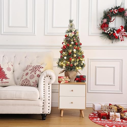 Miniatura 3 de GAOMON Mini árbol de Navidad preiluminado de 3 pies con 70 luces LED, base de arpillera, árbol de Navidad artificial de mesa con piñas y bayas rojas