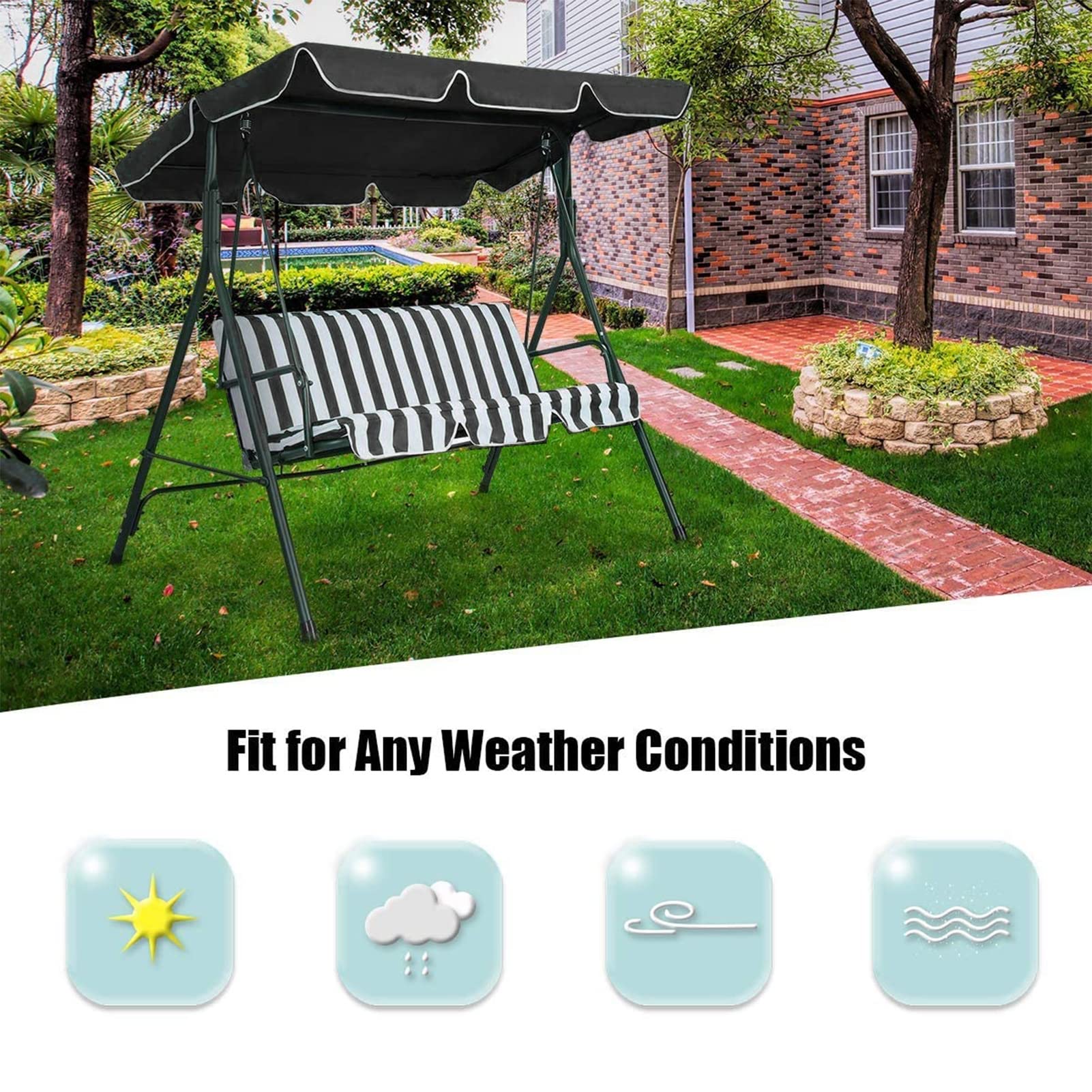 YUMN Canopy de reemplazo para Asiento Columpio 2 y 3 plazas de Silla de Silla de Silla Cubierta Anti-UV/Impermeable Hamaca Cubierta Superior para Patio al Aire Libre jardín,Negro,190x132x15cm
