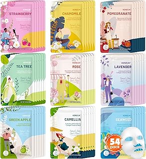 54 Pack Bulk Sheet Face Masks Skincare, Hydrating and Moisturizing Face Mask for All Skin Types, Collagen Facial Masks for Skin Care, Christmas Gifts, Stocking Stuffers for Women (9 Types x 6 Pcs)