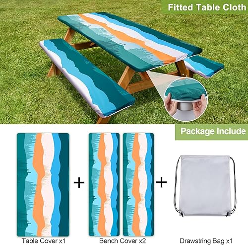 Miniatura 4 de Play Tailor - Mantel para mesa de pícnic con cubiertas para bancas, impermeable y a prueba de viento con bolsa de cordón, ajustable a mesas y bancas