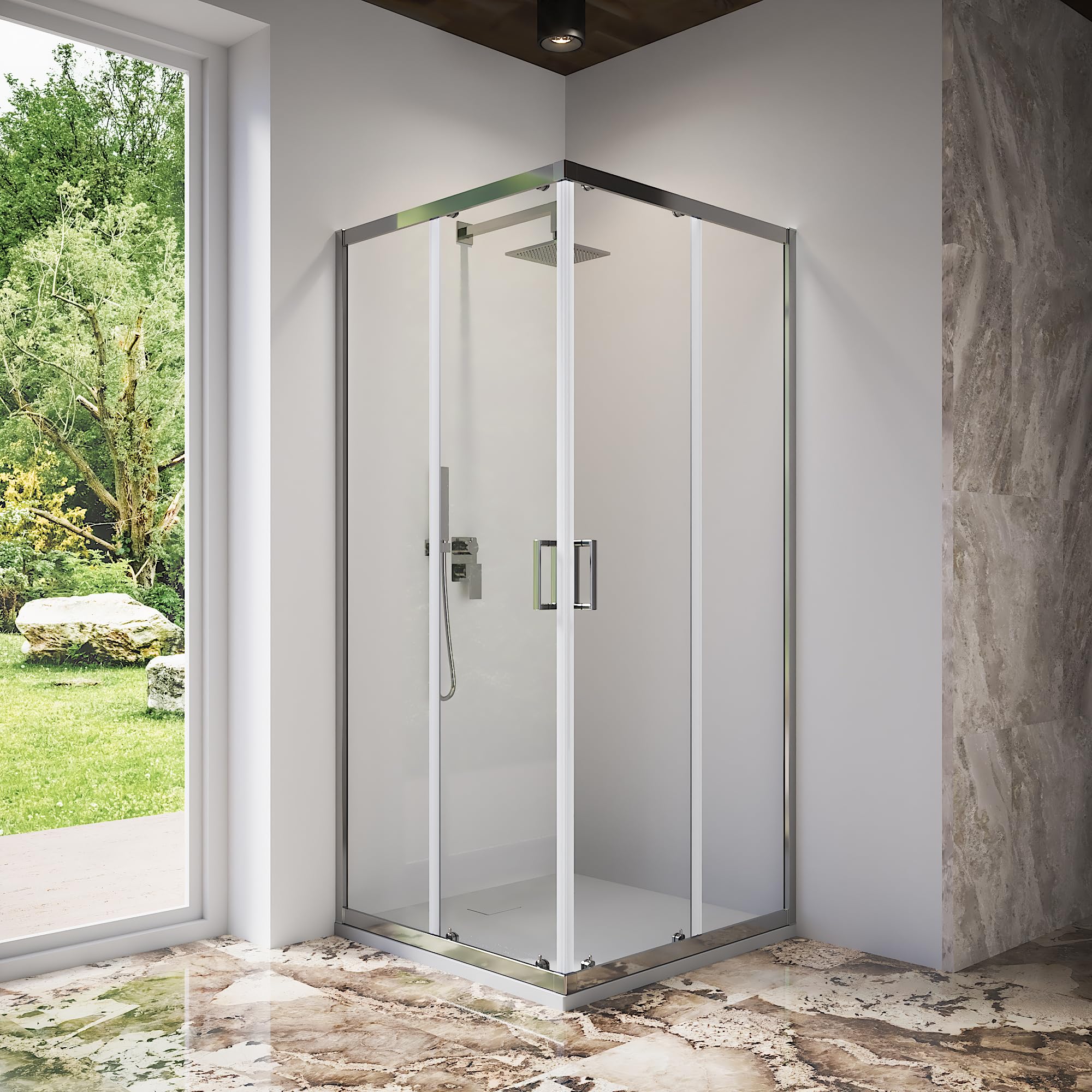 Tonga - Mampara de ducha angular con dos puertas correderas, cristal templado de 6 mm, perfiles cuadrados cromados, altura de 185 cm, cristal transparente, 90 x 90 cm