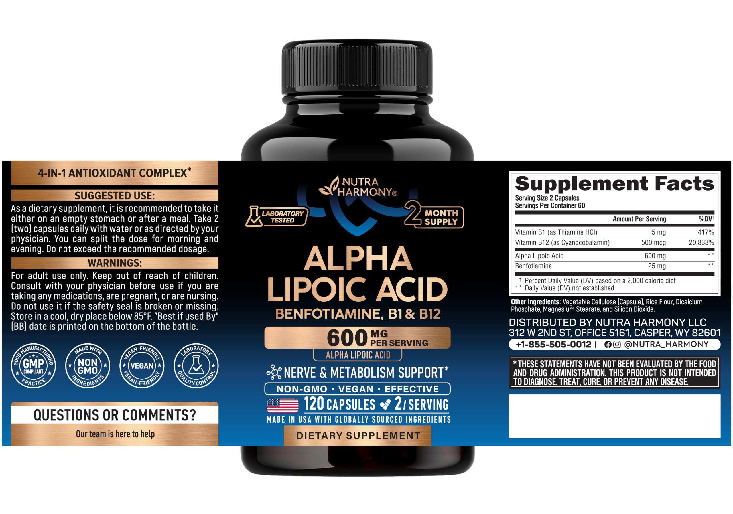 Alpha Lipoic Acid 600mg - ALA Supplement + Benfotiamine B1 & B12 - 120 Caps — Amazon image 2
