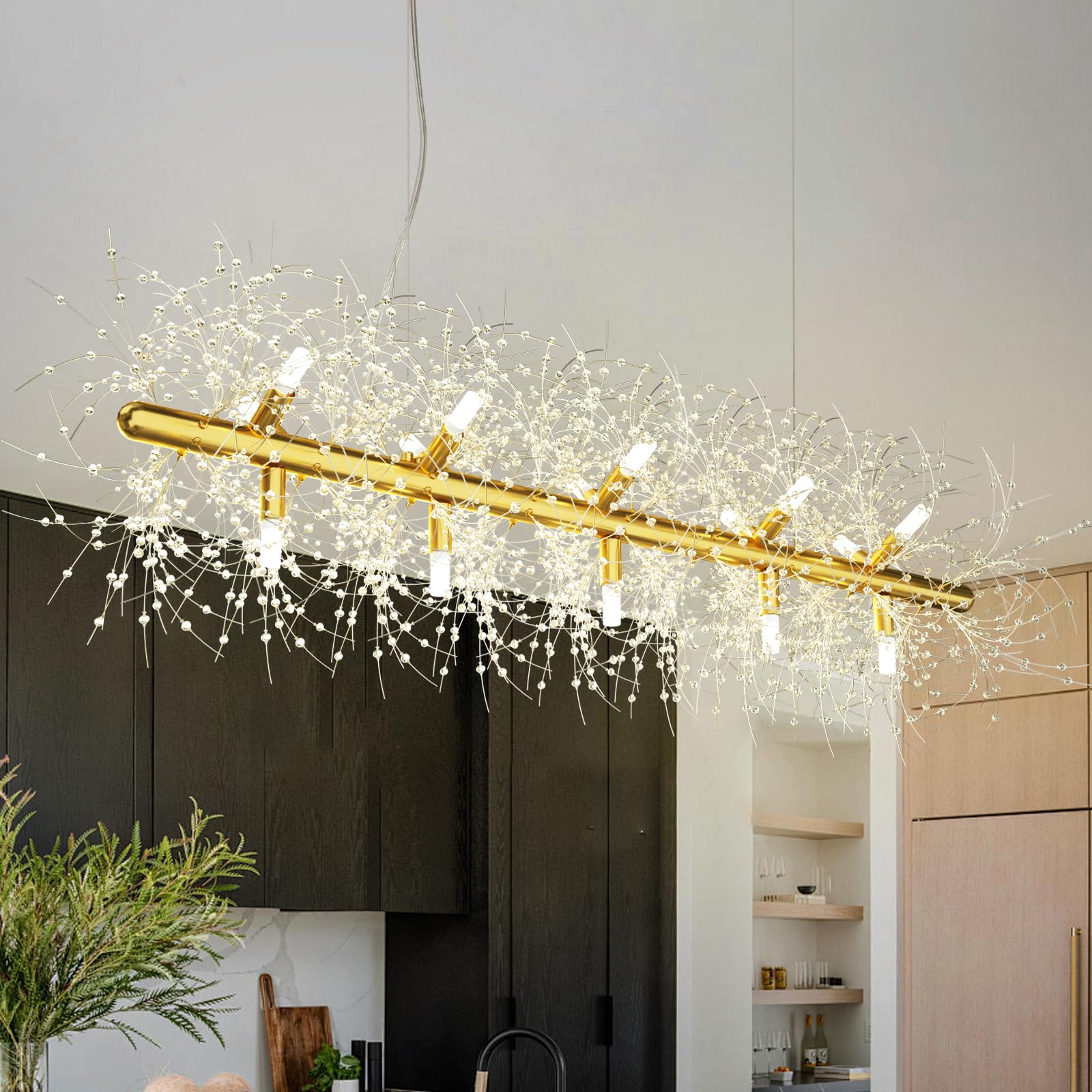 Wansi Shine Modern Firework Crystal Chandelier, 15-Light Firework Chandelier Gold, 47.2 Inch Linear Pendant Ceiling Light Fixture for Kitchen Island Home Bar, Included G9 Bulbs