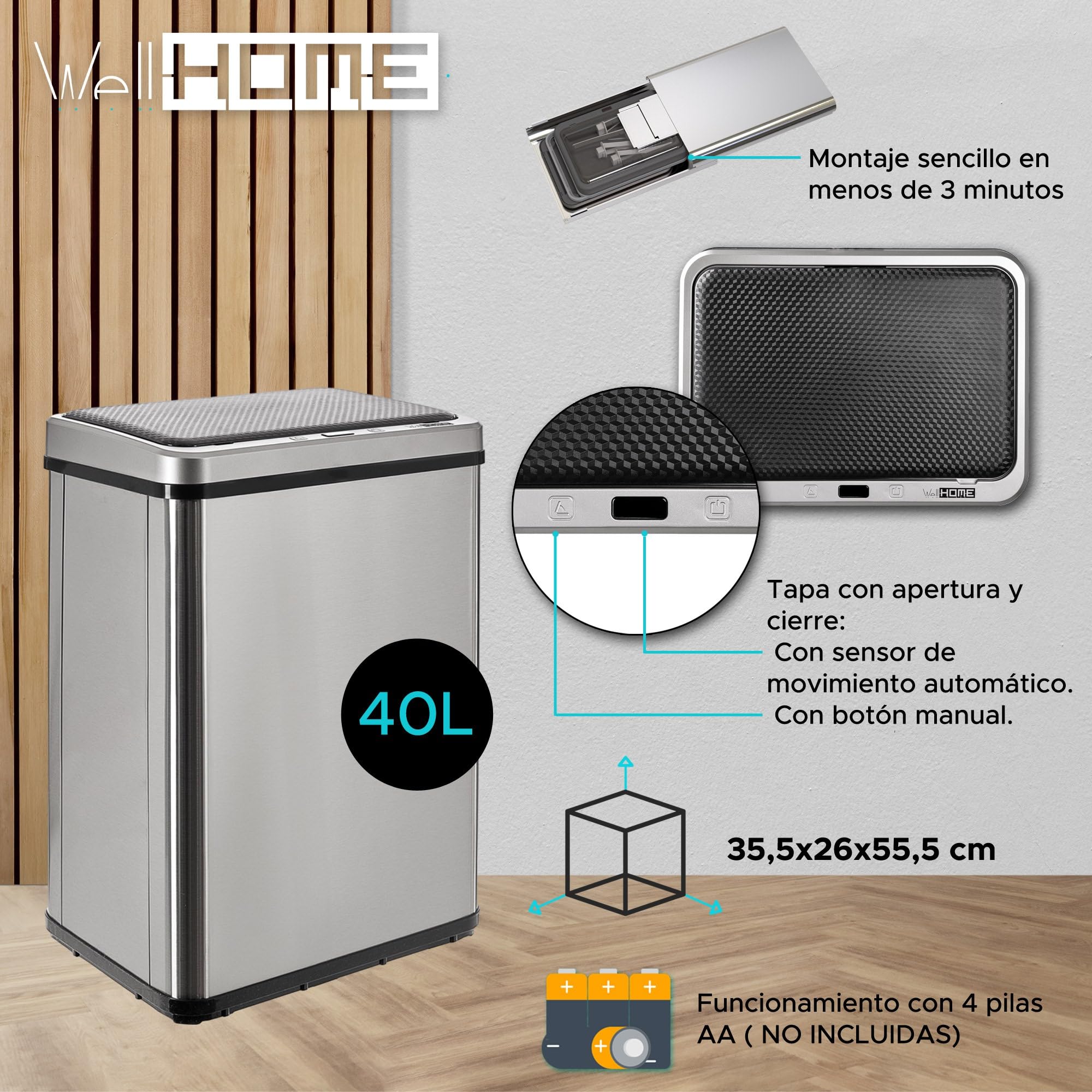Well Home MOBILIARIO & DECORACIÓN Cubo de Basura Inteligente SIN Patas con Apertura automática y Contacto Manual de 40L, Alto: 55,5 (x35,5x26), Gris.