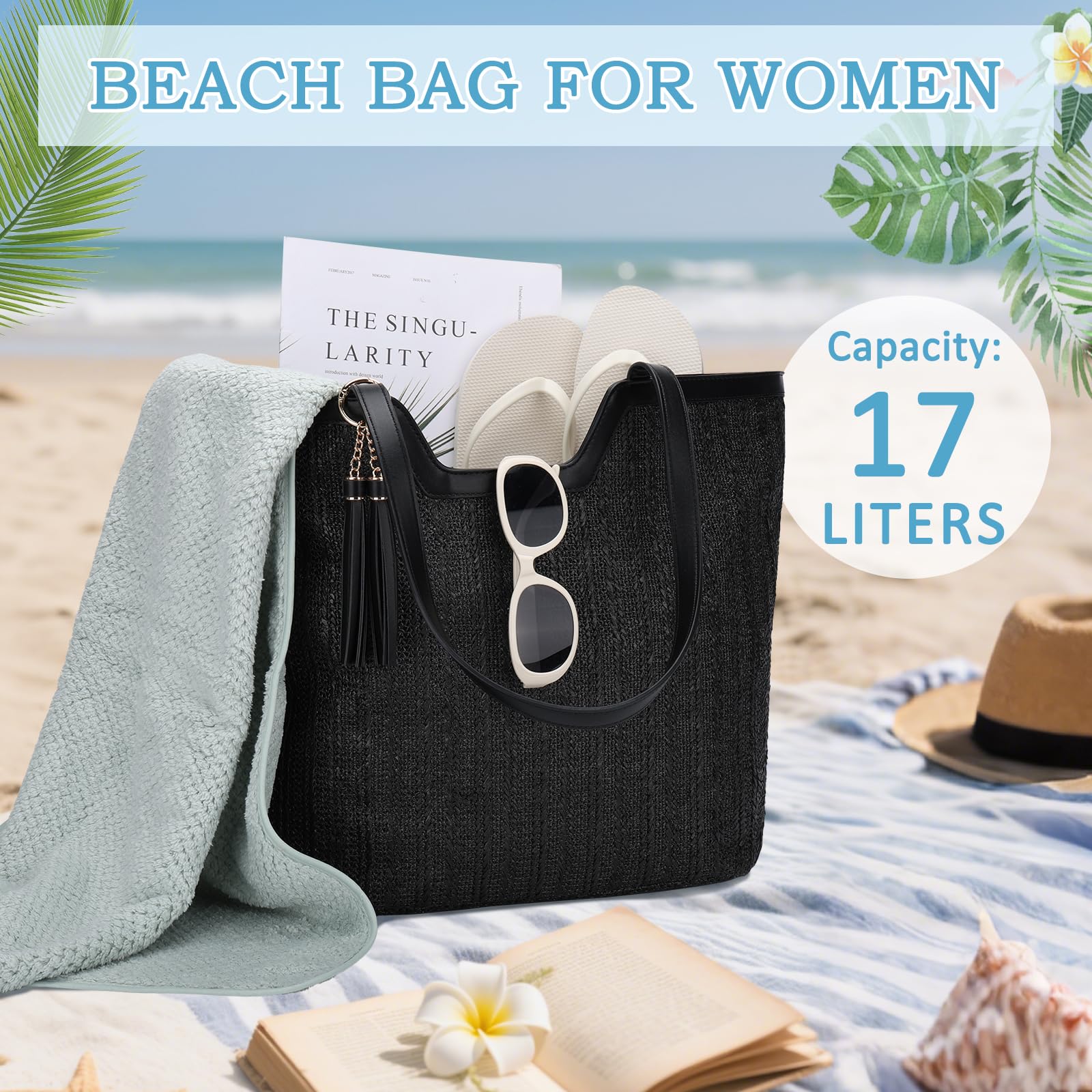 VASCHY Sac Cabas Femme Plage Paille, Grand Sac à Main Fourre Tout d'Été Tissé Boho Recyclable Léger avec Fermeture Éclair pour Voyage Vacances