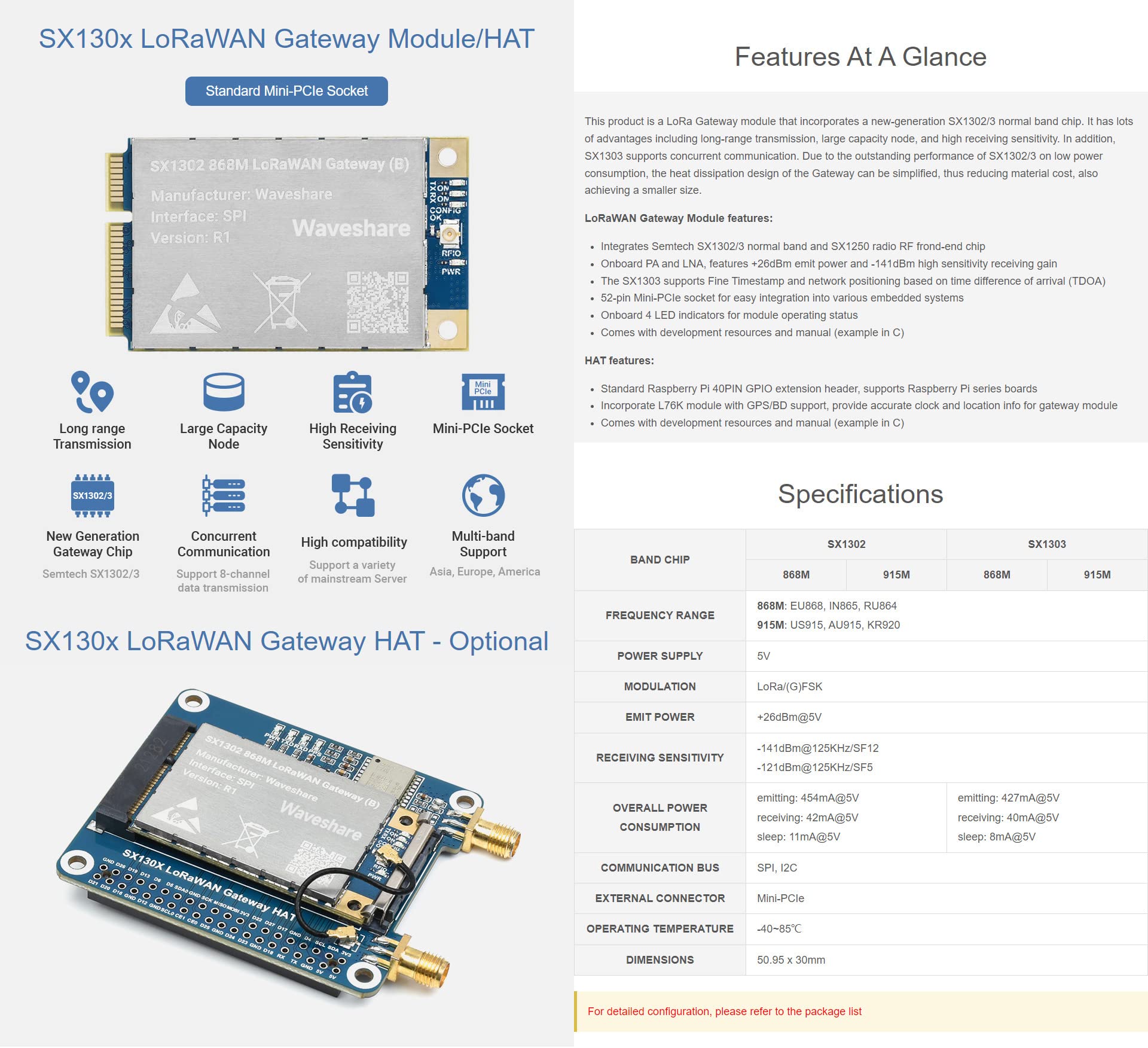 Waveshare SX1302 915M LoRaWAN Gateway Hat Compatible with Raspberry Pi with L76K Module Standard Mini-PCIe Socket, Long Range Transmission, Large Capacity, Multi-Band Support