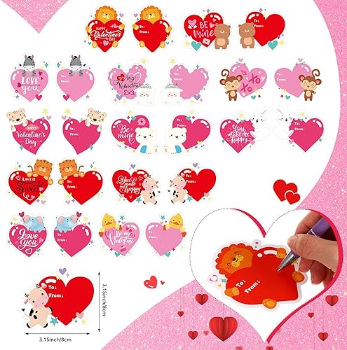 Miniatura 3 de Hanaive Juego de 36 tarjetas de corazón para el día de San Valentín, regalos para niños, con mini animales de peluche y bolsas de organza, juguetes
