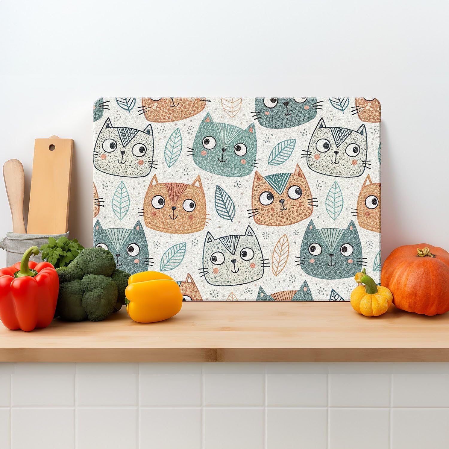 Textured Glass Chopping Board Worktop Saver for Kitchens, Durable Easy-Clean Scratch Resistant Hygienic Non Slip Feet, Cute Cats Print Rectangular 39cm x 29cm — image 1
