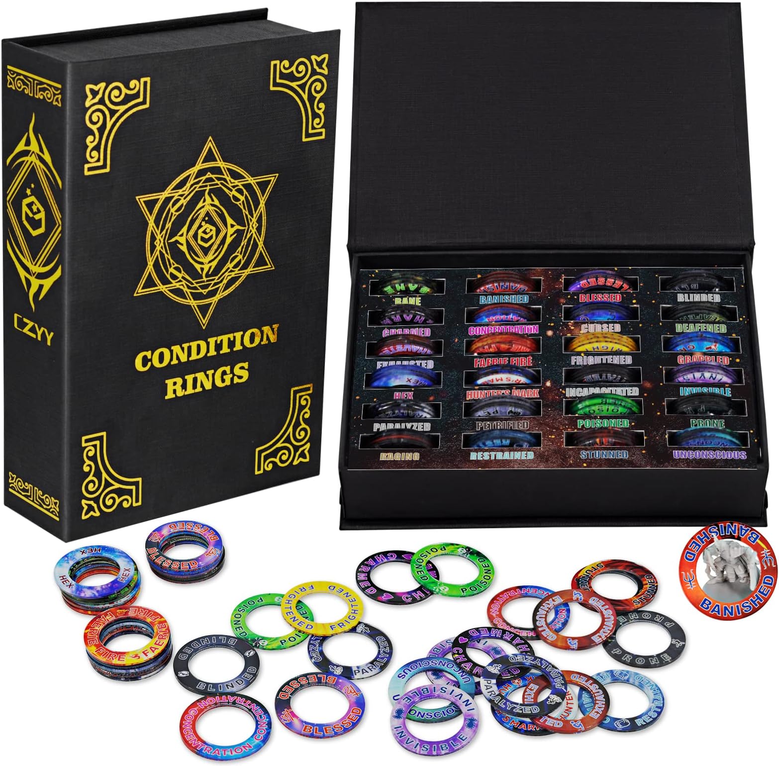 CZYYUpgraded DND Condition Rings 96 Status Effect Markers with Color Printing in 24 Conditions & Spells, and with Magic Book Storage Box Ideal Tabletop RPG Gift for DM or Player
