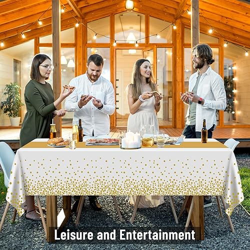 Miniatura 6 de PLULON Juego de 12 manteles de plástico y camino de mesa de satén, mantel rectangular de lunares blancos y rosas, camino de mesa de satén dorado